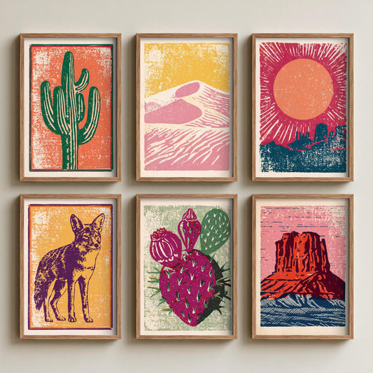 Set of Six Desert Southwest Linocut Art Prints - 6 Illustrations - Saguaro Cactus, Coyote, Prickly Pear, Mesa, Sand Dunes, Sun - Poster
