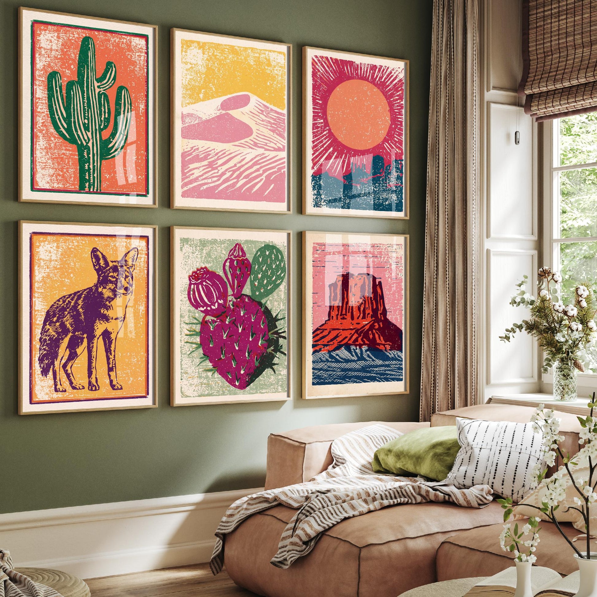 Set of Six Desert Southwest Linocut Art Prints - 6 Illustrations - Saguaro Cactus, Coyote, Prickly Pear, Mesa, Sand Dunes, Sun - Poster