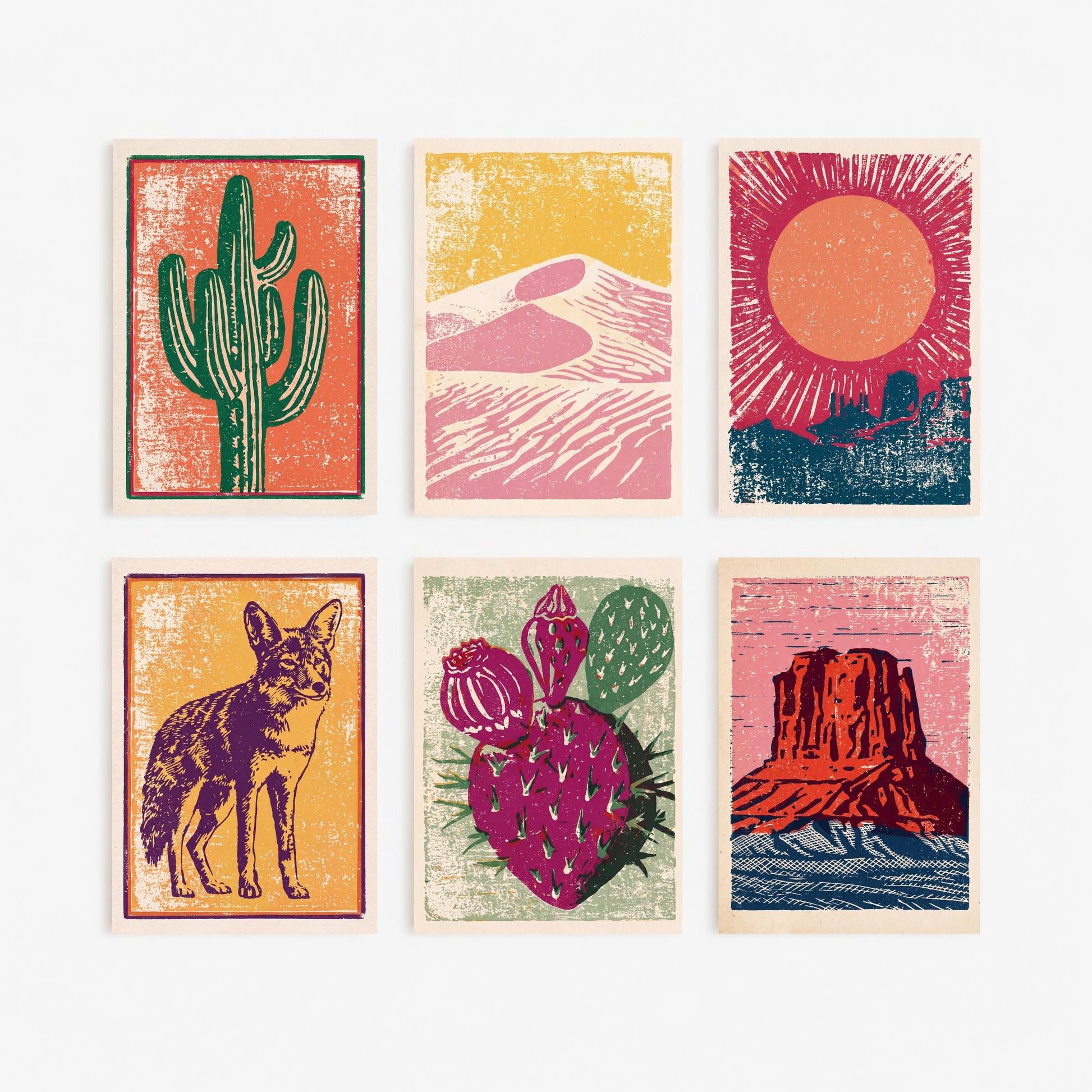 Set of Six Desert Southwest Linocut Art Prints - 6 Illustrations - Saguaro Cactus, Coyote, Prickly Pear, Mesa, Sand Dunes, Sun - Poster