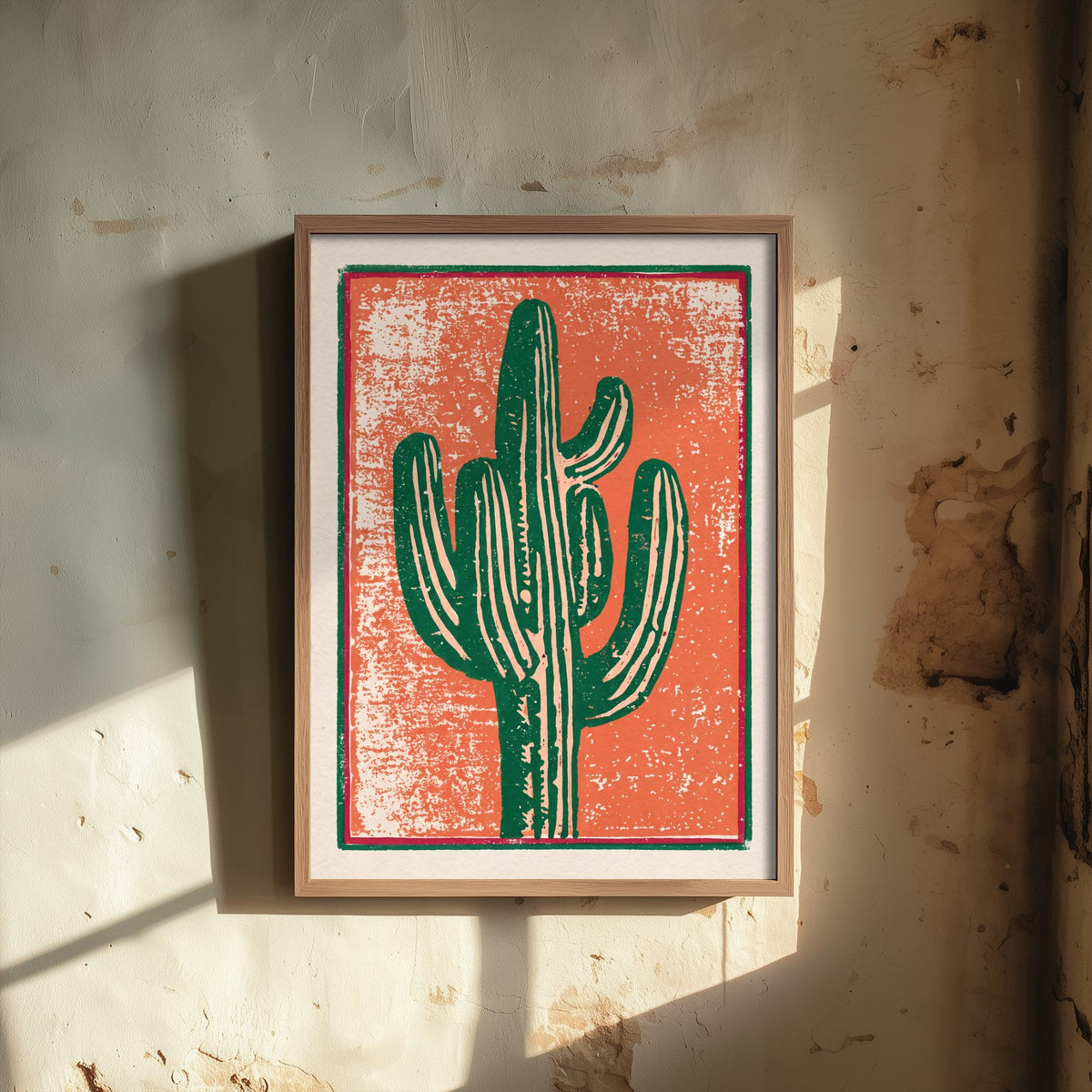 Saguaro Cactus Linocut Art Print - Desert Woodcut Poster - Green Saguaro on Burnt Orange V1 1/3