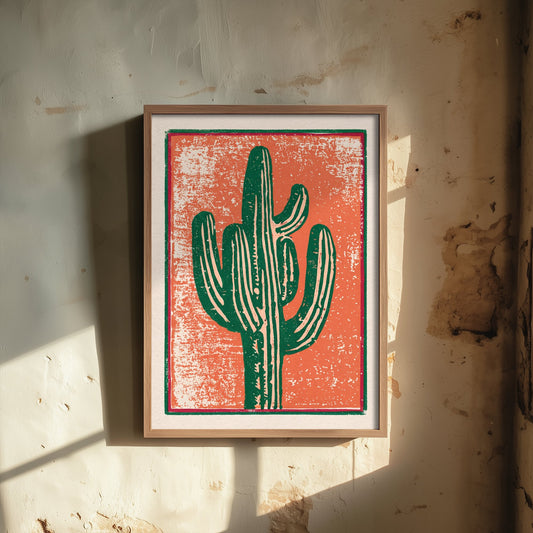 Saguaro Cactus Linocut Art Print - Desert Woodcut Poster - Green Saguaro on Burnt Orange V1 1/3