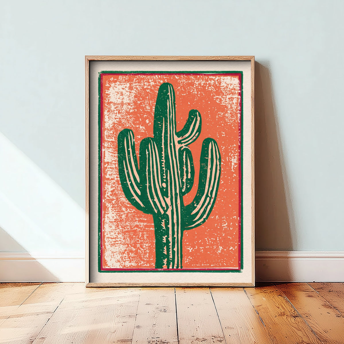 Saguaro Cactus Linocut Art Print - Desert Woodcut Poster - Green Saguaro on Burnt Orange V1 1/3