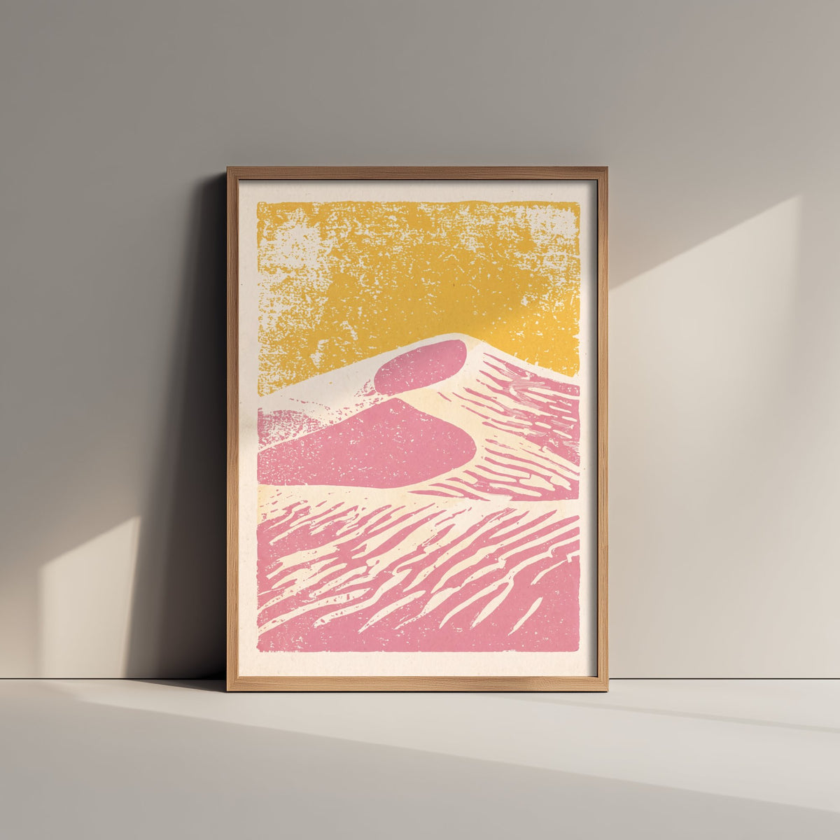 Pink Sand Dunes Linocut Art Print - Desert Landscape Illustration - Mustard Sky Poster V1 2/3
