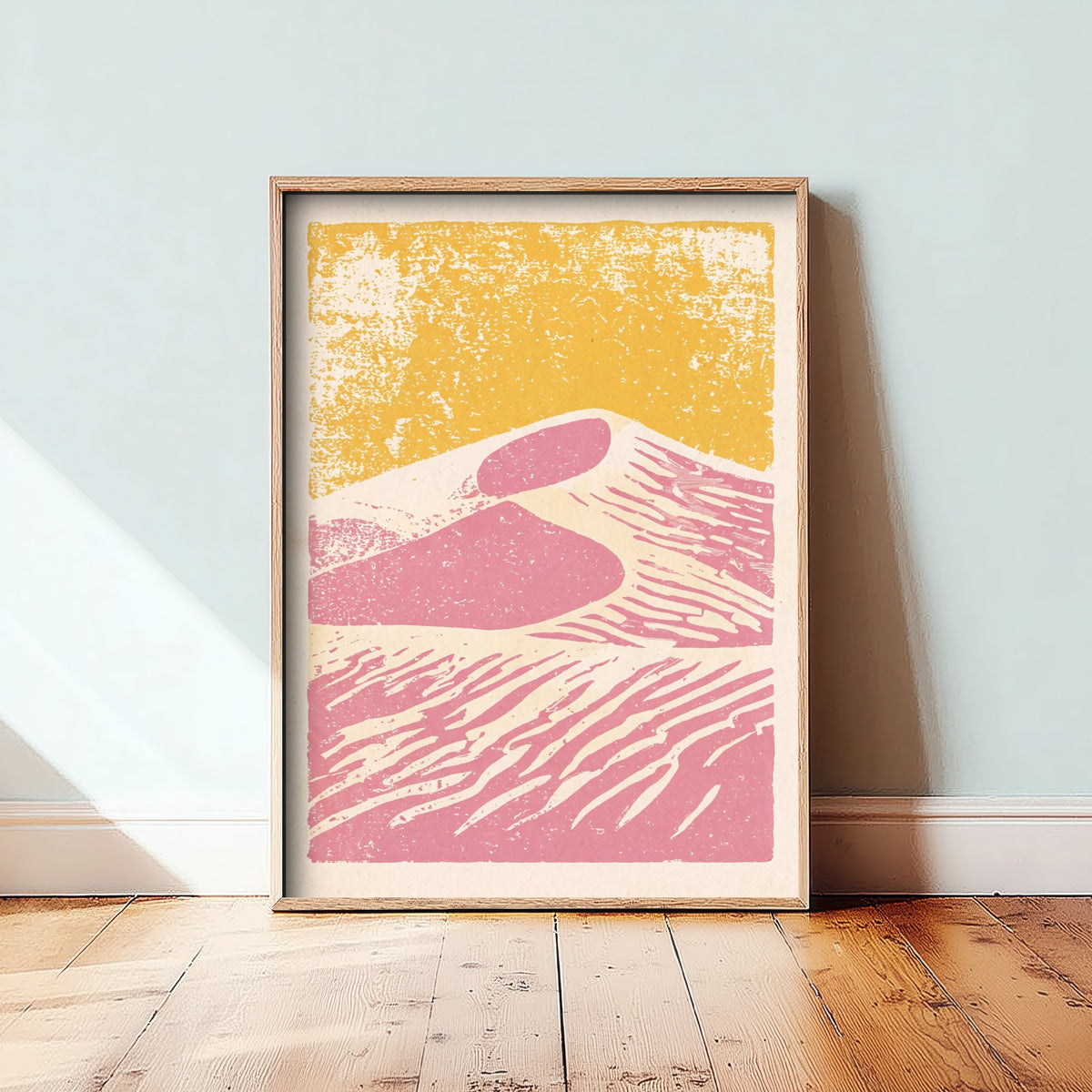 Pink Sand Dunes Linocut Art Print - Desert Landscape Illustration - Mustard Sky Poster V1 2/3