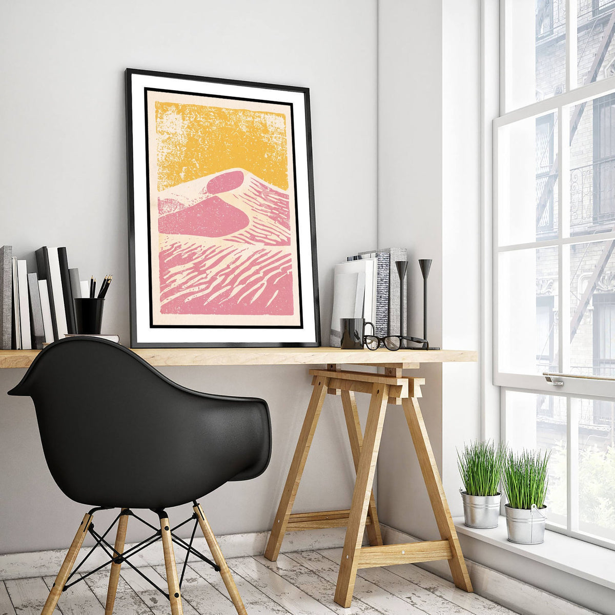 Pink Sand Dunes Linocut Art Print - Desert Landscape Illustration - Mustard Sky Poster V1 2/3