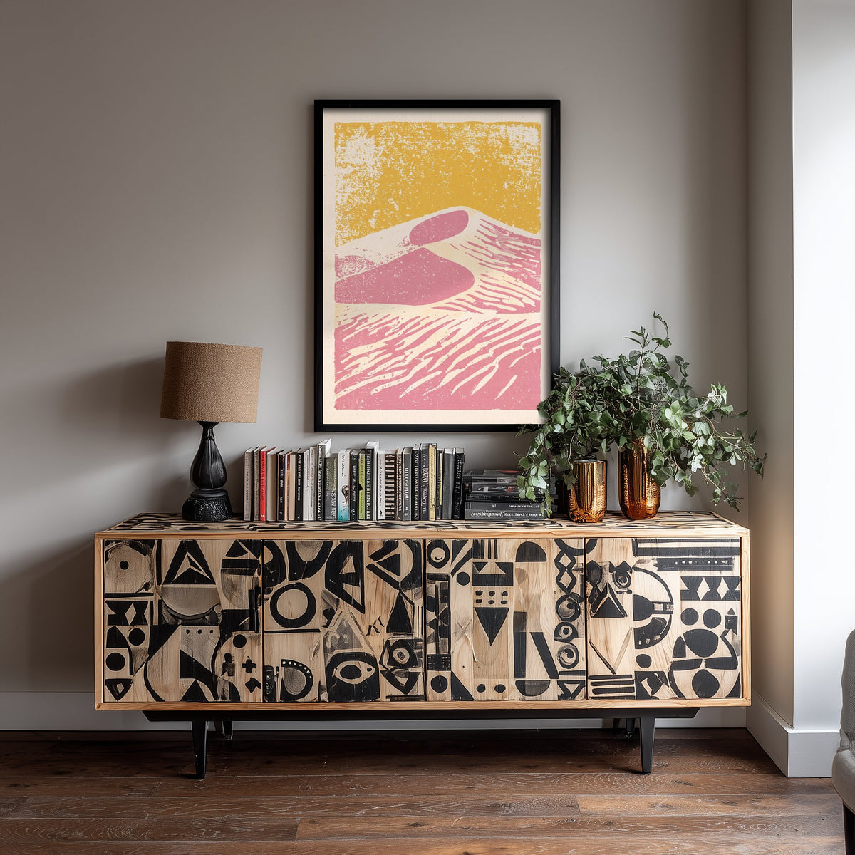 Pink Sand Dunes Linocut Art Print - Desert Landscape Illustration - Mustard Sky Poster V1 2/3