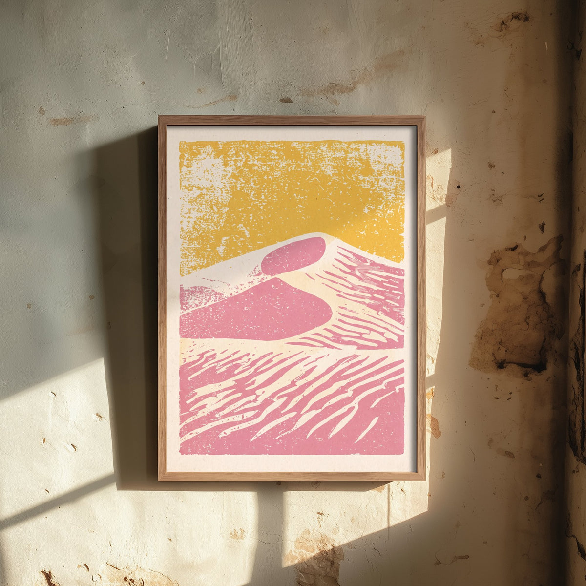 Pink Sand Dunes Linocut Art Print - Desert Landscape Illustration - Mustard Sky Poster V1 2/3