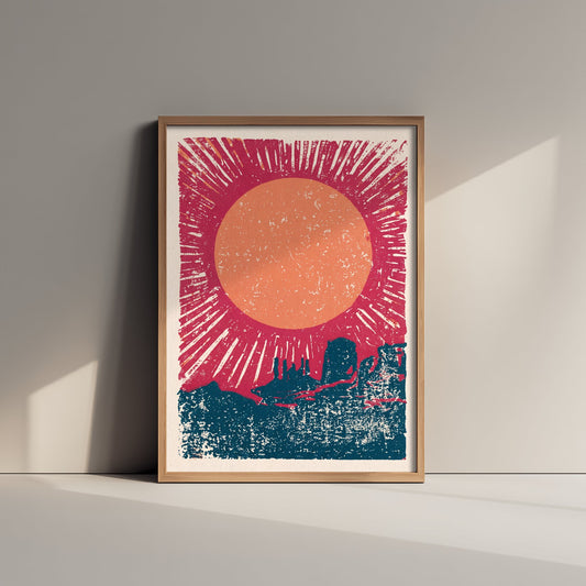 Desert Sun Linocut Art Print - Rayed Sunset over Mesa Buttes Woodcut Poster - Navy and Red Southwest V1 3/3
