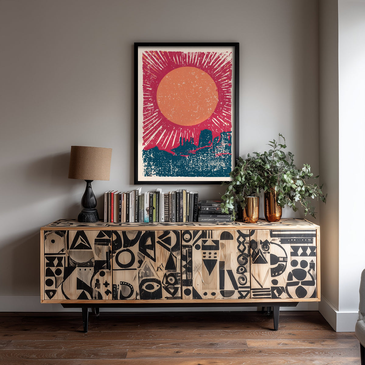 Desert Sun Linocut Art Print - Rayed Sunset over Mesa Buttes Woodcut Poster - Navy and Red Southwest V1 3/3