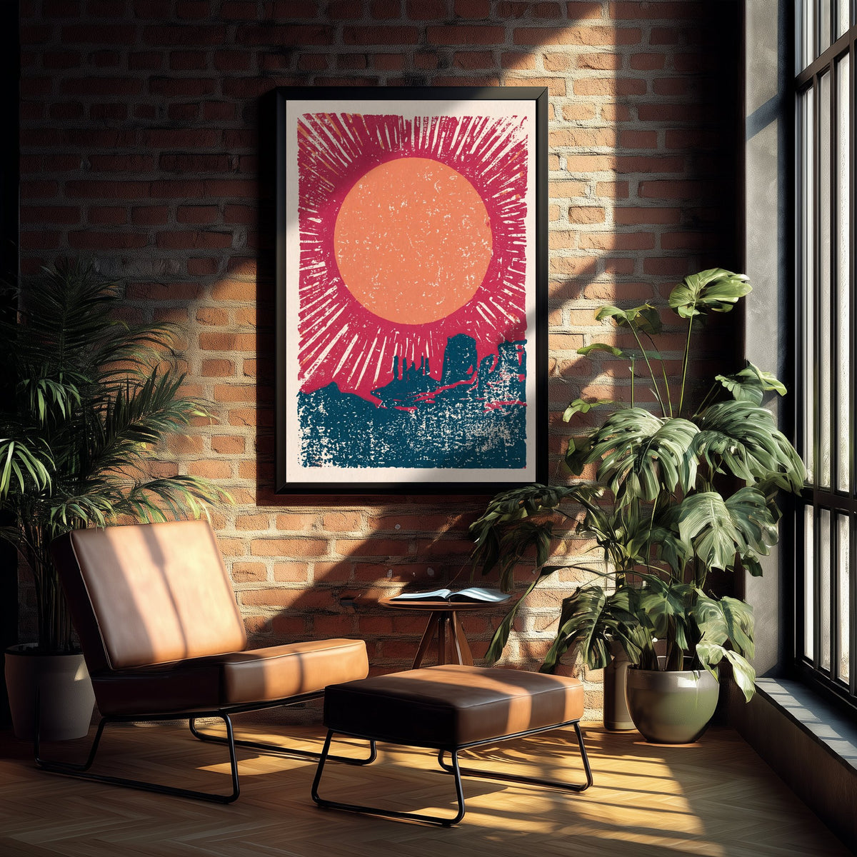 Desert Sun Linocut Art Print - Rayed Sunset over Mesa Buttes Woodcut Poster - Navy and Red Southwest V1 3/3