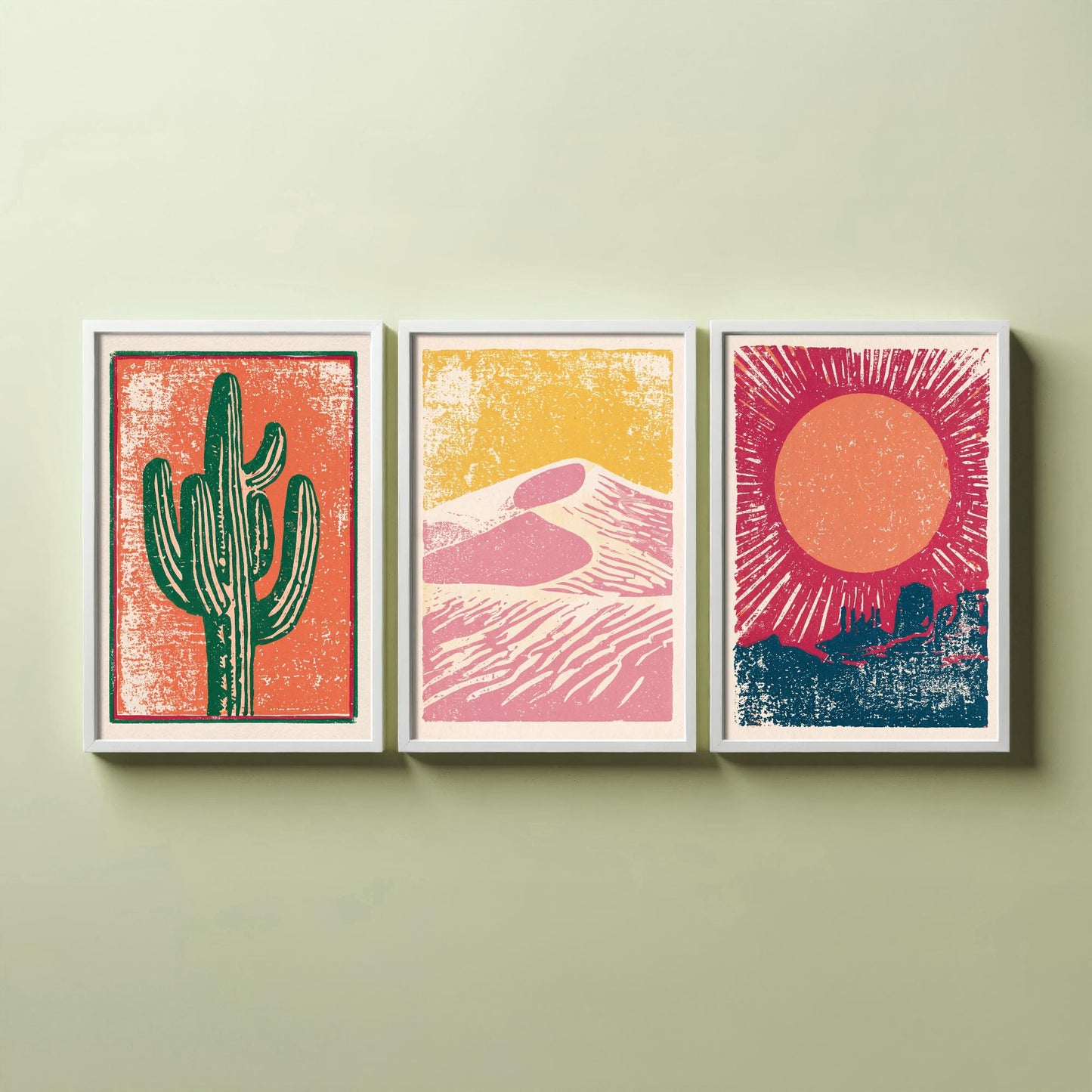 Desert Southwest Set of Three Art Prints - Saguaro Cactus, Sand Dunes, Mesa Sun - Boho Linocut Style Posters - Illustration V1