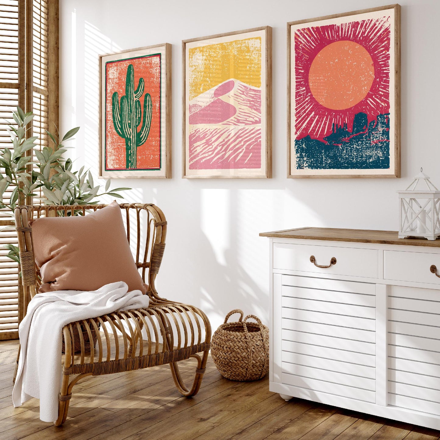 Desert Southwest Set of Three Art Prints - Saguaro Cactus, Sand Dunes, Mesa Sun - Boho Linocut Style Posters - Illustration V1