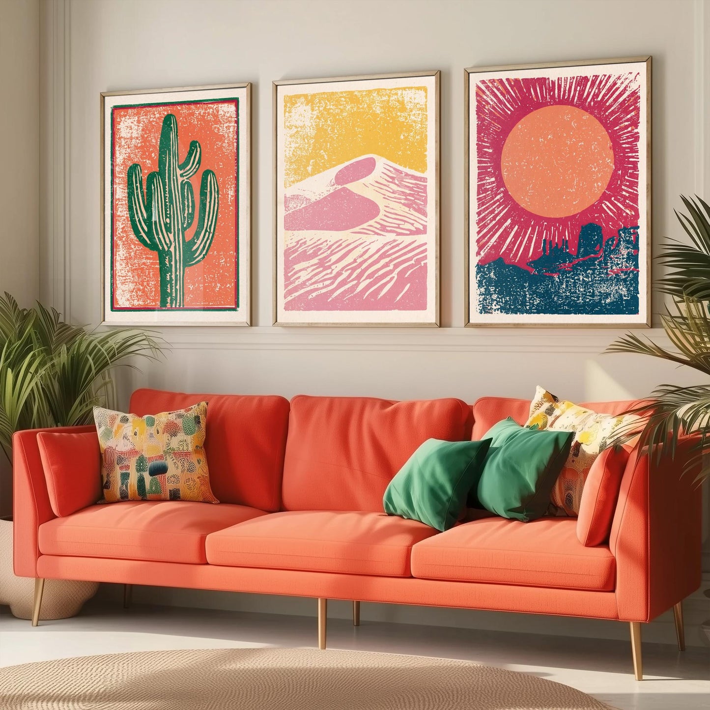 Desert Southwest Set of Three Art Prints - Saguaro Cactus, Sand Dunes, Mesa Sun - Boho Linocut Style Posters - Illustration V1