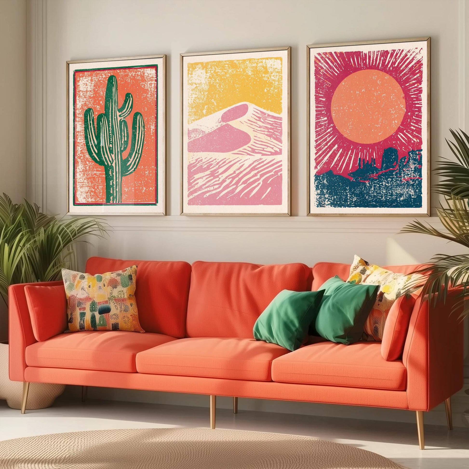 Desert Southwest Set of Three Art Prints - Saguaro Cactus, Sand Dunes, Mesa Sun - Boho Linocut Style Posters - Illustration V1