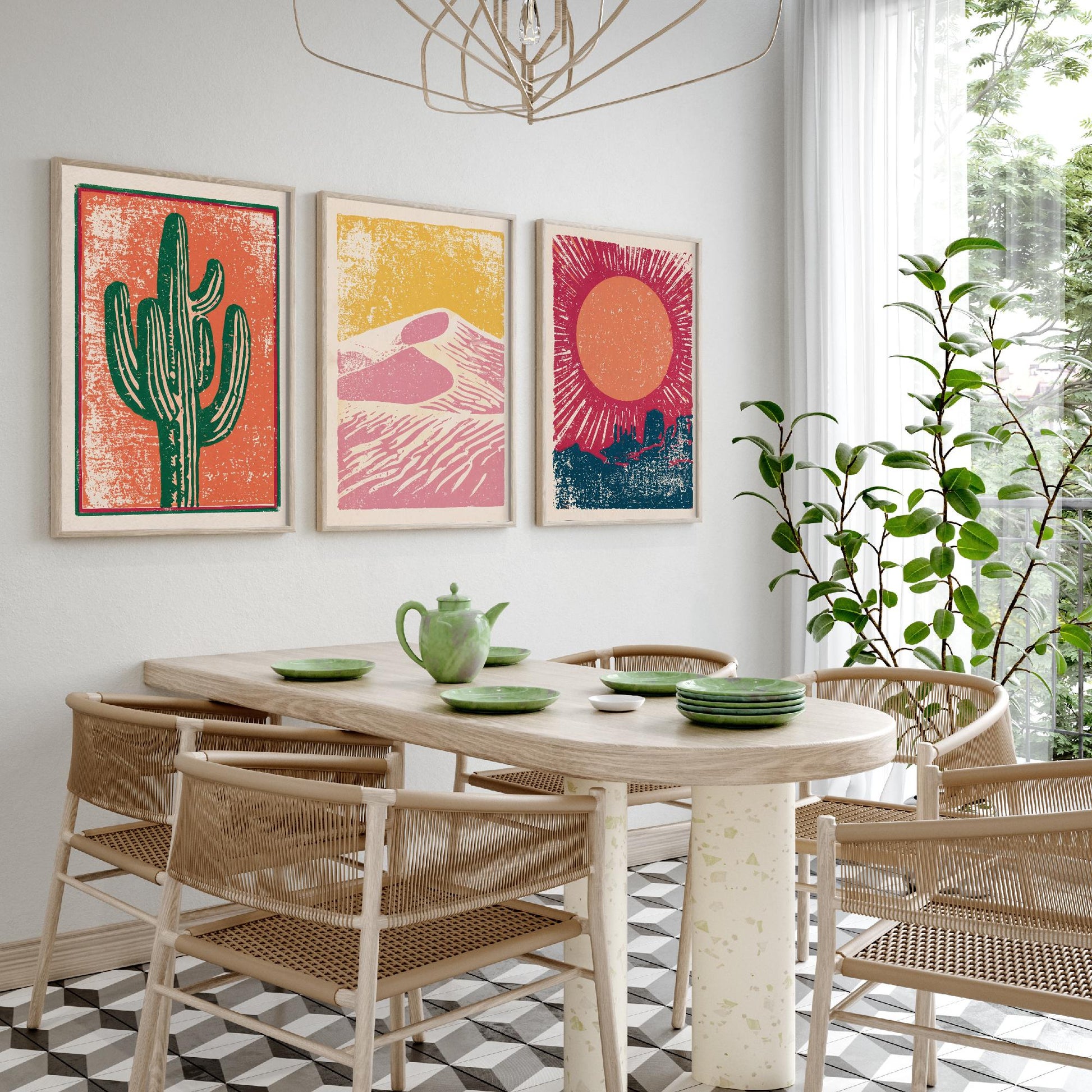 Desert Southwest Set of Three Art Prints - Saguaro Cactus, Sand Dunes, Mesa Sun - Boho Linocut Style Posters - Illustration V1
