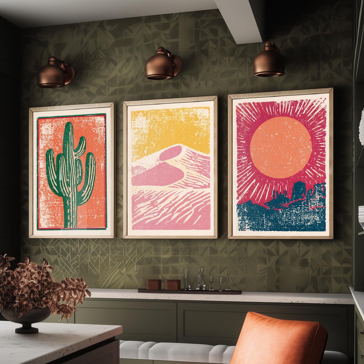 Desert Southwest Set of Three Art Prints - Saguaro Cactus, Sand Dunes, Mesa Sun - Boho Linocut Style Posters - Illustration V1