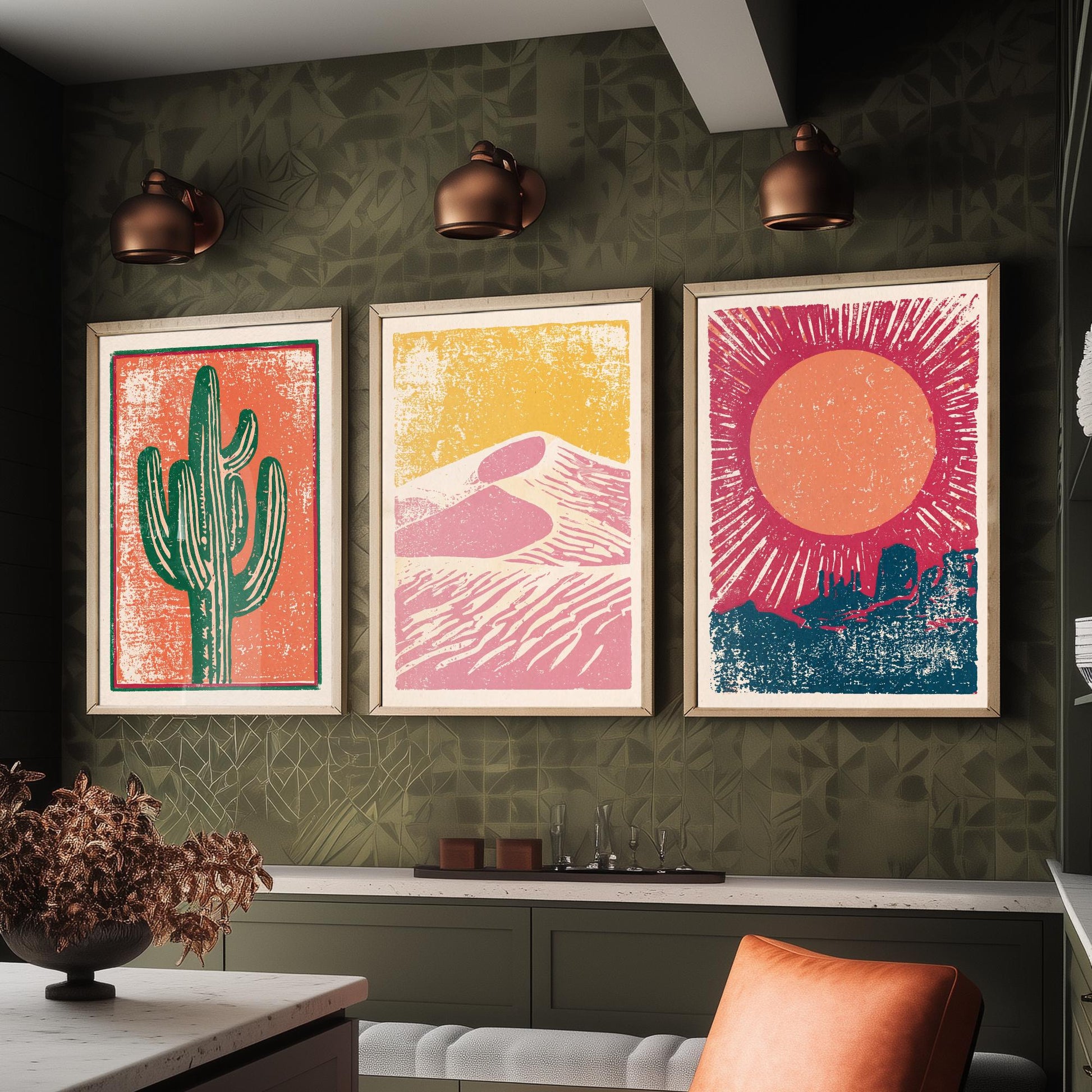 Desert Southwest Set of Three Art Prints - Saguaro Cactus, Sand Dunes, Mesa Sun - Boho Linocut Style Posters - Illustration V1