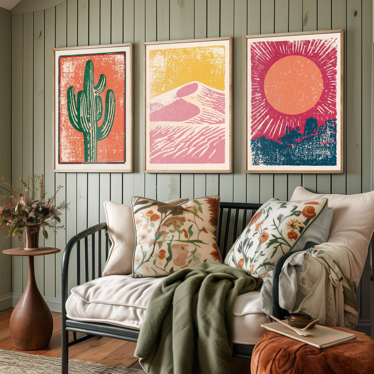 Desert Southwest Set of Three Art Prints - Saguaro Cactus, Sand Dunes, Mesa Sun - Boho Linocut Style Posters - Illustration V1