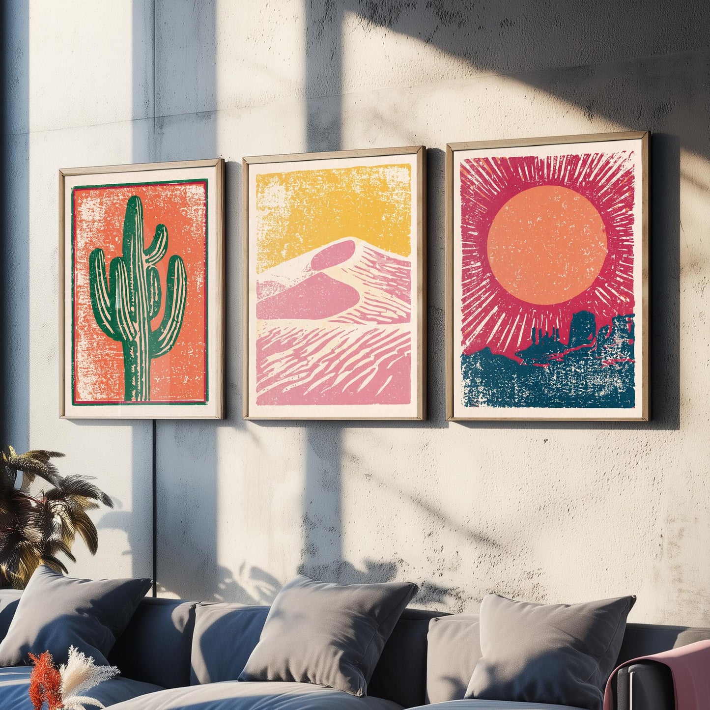 Desert Southwest Set of Three Art Prints - Saguaro Cactus, Sand Dunes, Mesa Sun - Boho Linocut Style Posters - Illustration V1