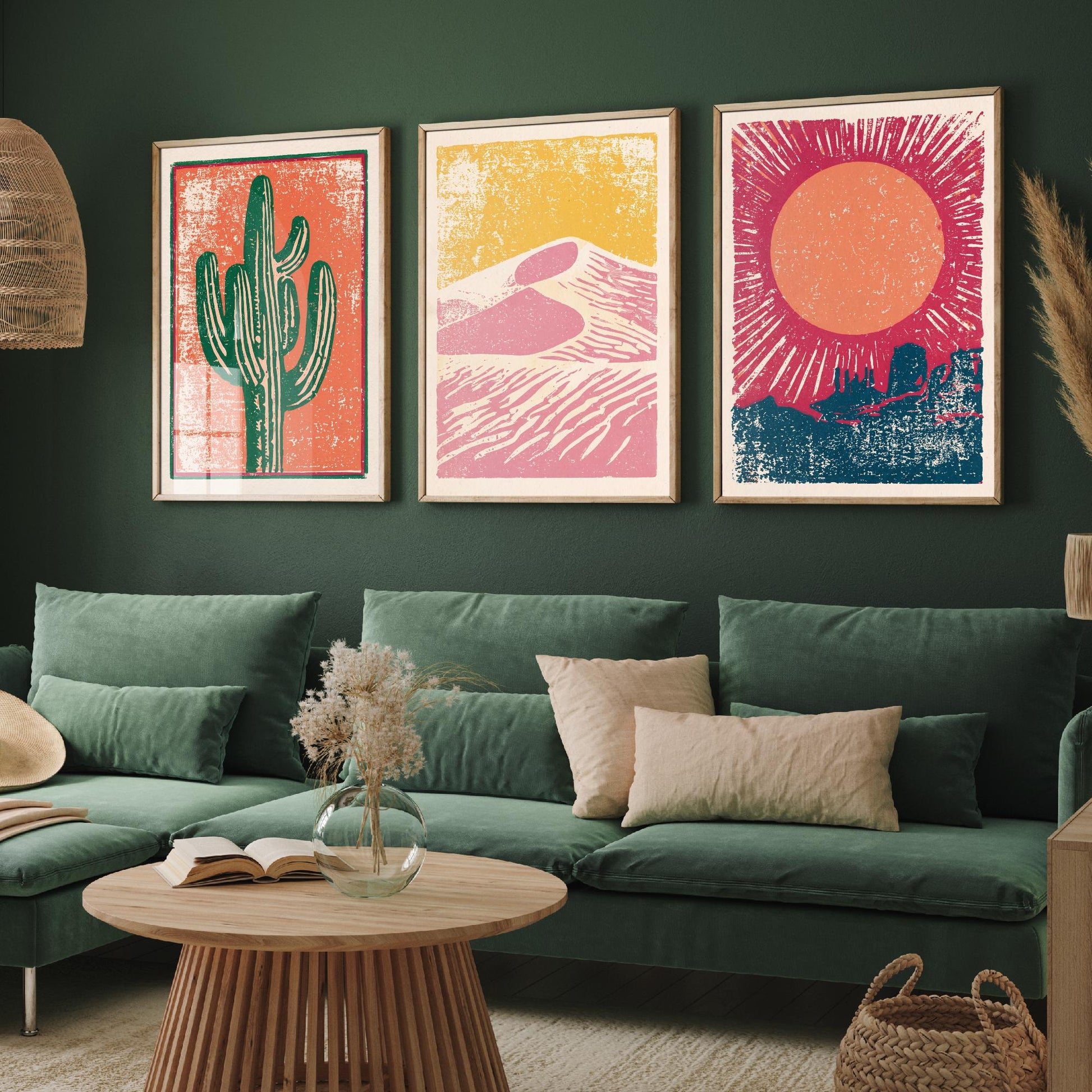 Desert Southwest Set of Three Art Prints - Saguaro Cactus, Sand Dunes, Mesa Sun - Boho Linocut Style Posters - Illustration V1
