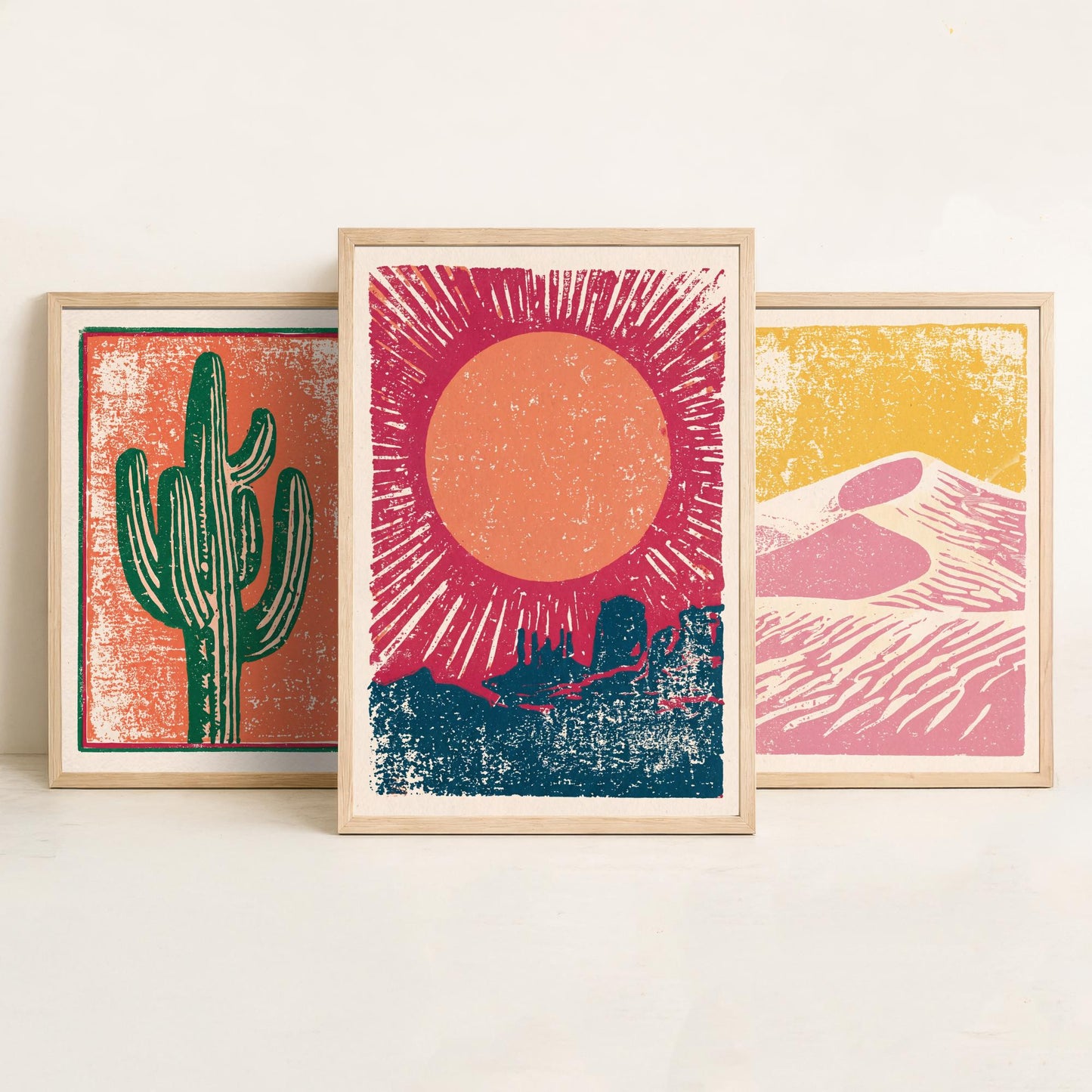 Desert Southwest Set of Three Art Prints - Saguaro Cactus, Sand Dunes, Mesa Sun - Boho Linocut Style Posters - Illustration V1