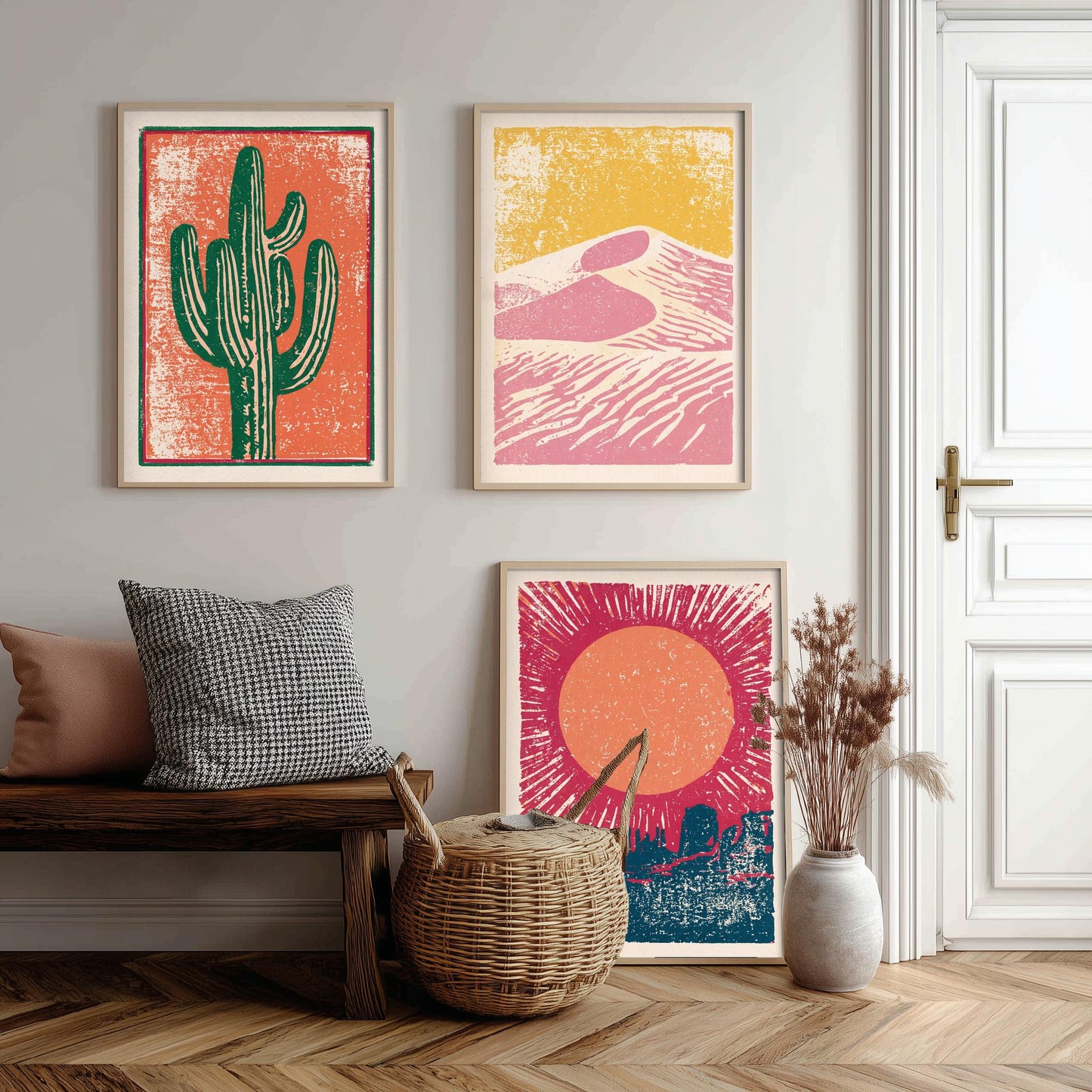 Desert Southwest Set of Three Art Prints - Saguaro Cactus, Sand Dunes, Mesa Sun - Boho Linocut Style Posters - Illustration V1