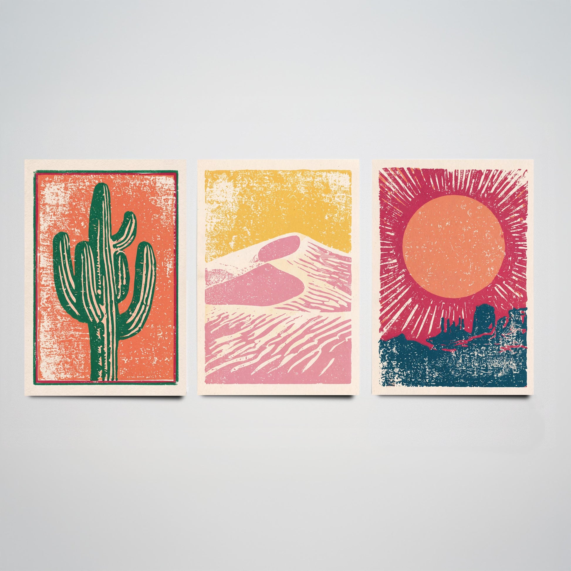 Desert Southwest Set of Three Art Prints - Saguaro Cactus, Sand Dunes, Mesa Sun - Boho Linocut Style Posters - Illustration V1