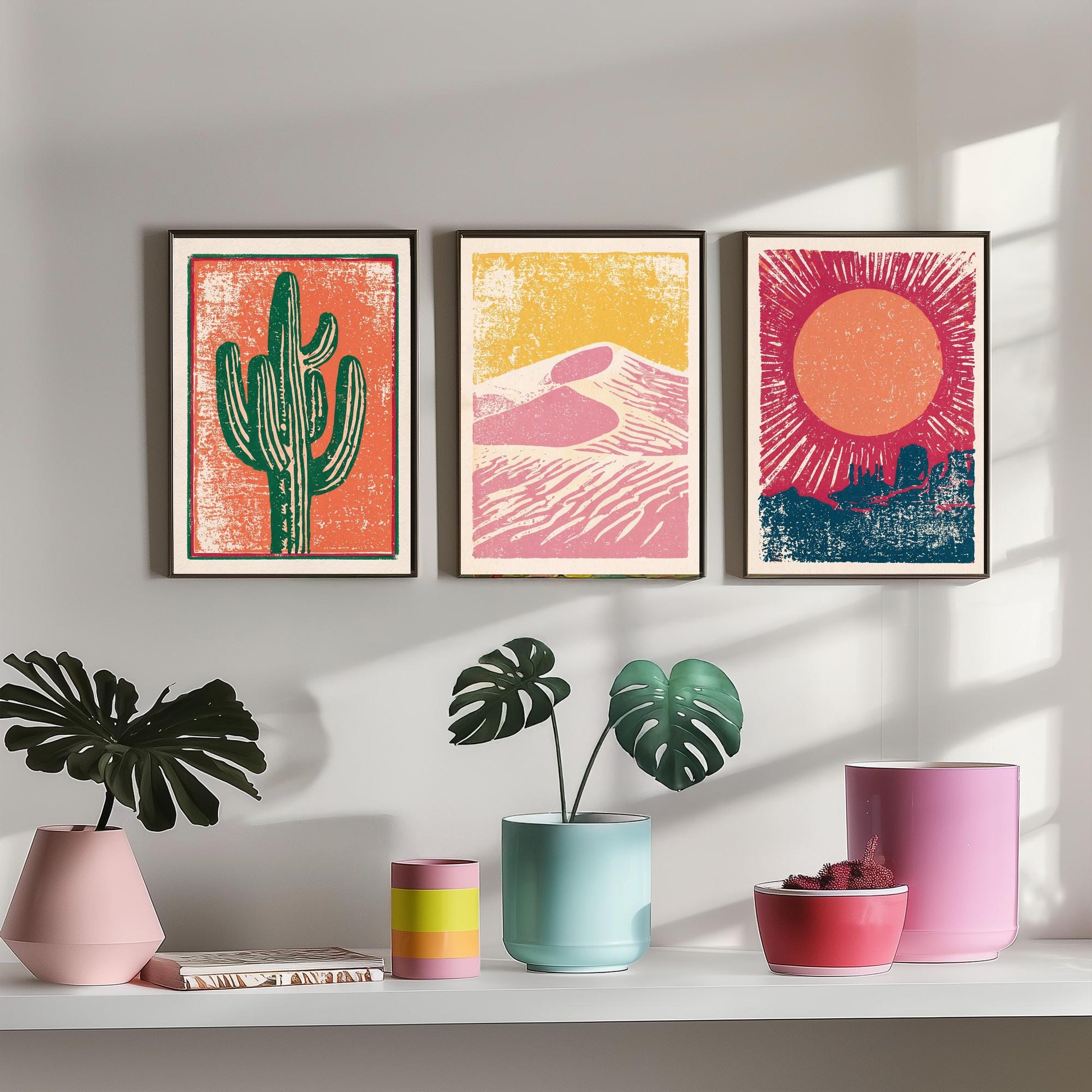 Desert Southwest Set of Three Art Prints - Saguaro Cactus, Sand Dunes, Mesa Sun - Boho Linocut Style Posters - Illustration V1