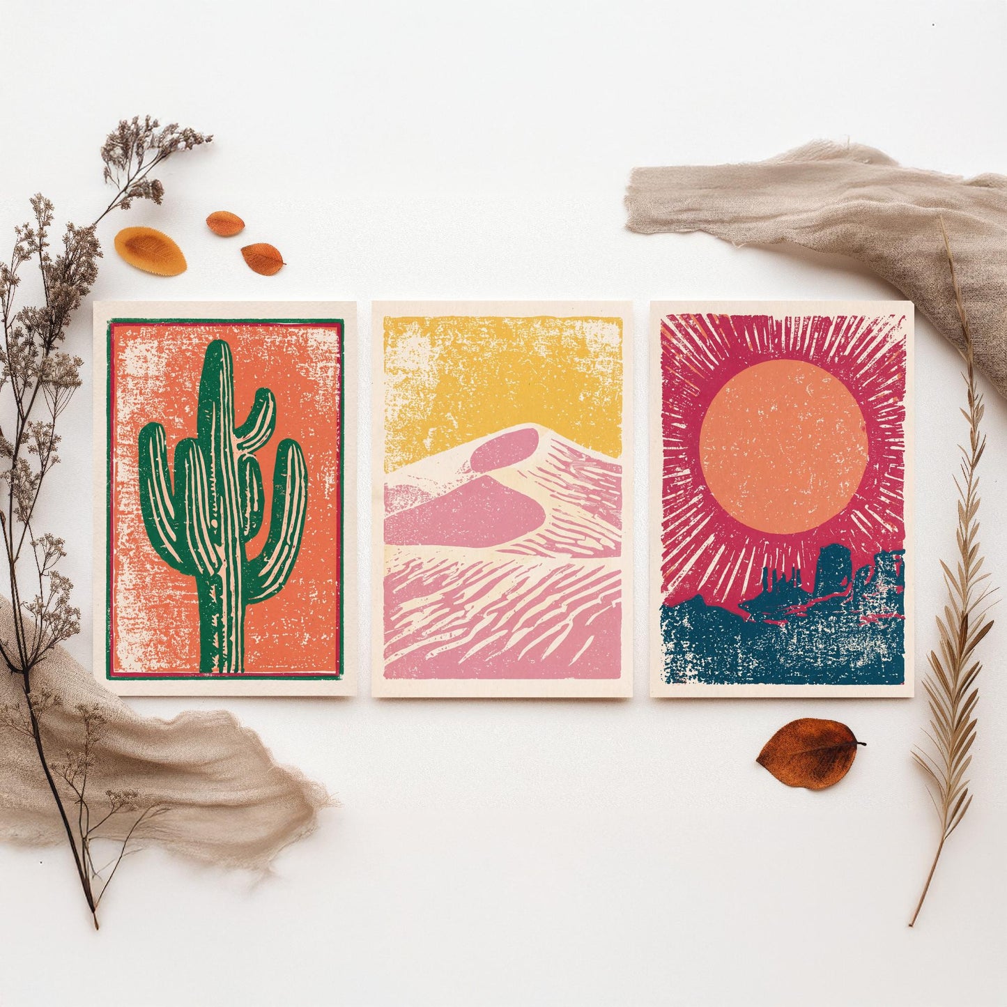 Desert Southwest Set of Three Art Prints - Saguaro Cactus, Sand Dunes, Mesa Sun - Boho Linocut Style Posters - Illustration V1