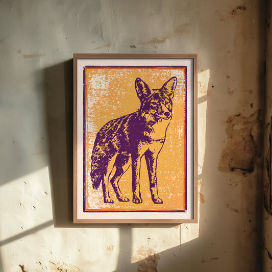 Coyote Linocut Art Print - Purple and Ochre Desert Animal Illustration - Southwest Wildlife Poster V2 1/3