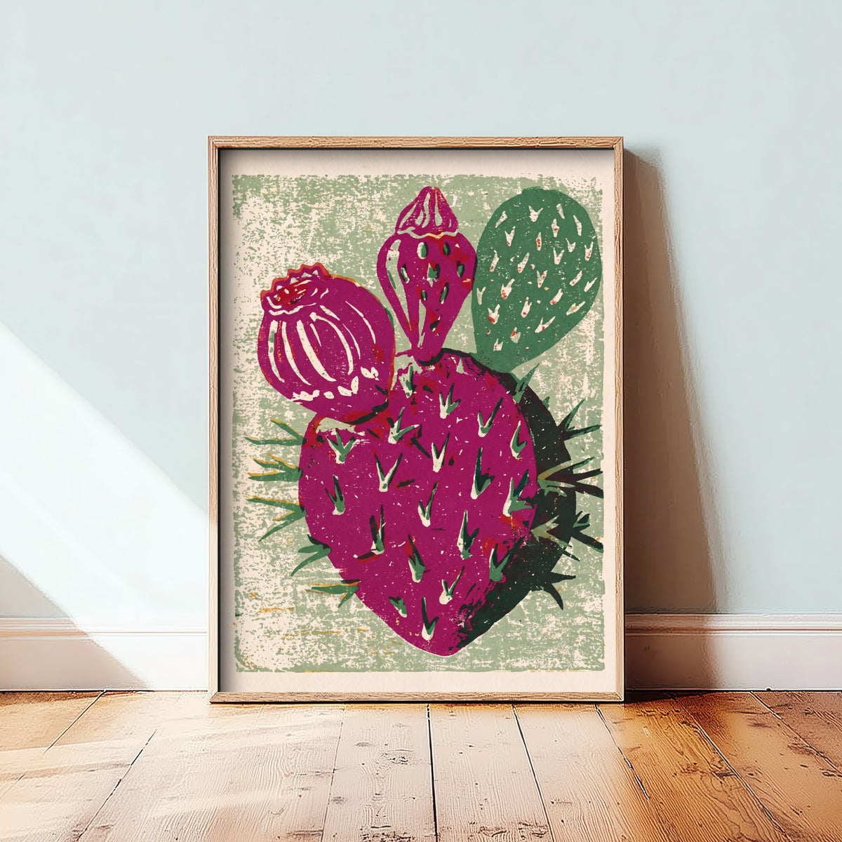 Prickly Pear Cactus Linocut Art Print - Magenta Cactus Fruit Woodcut Poster - Sage Green Desert Botanical V2 2/3