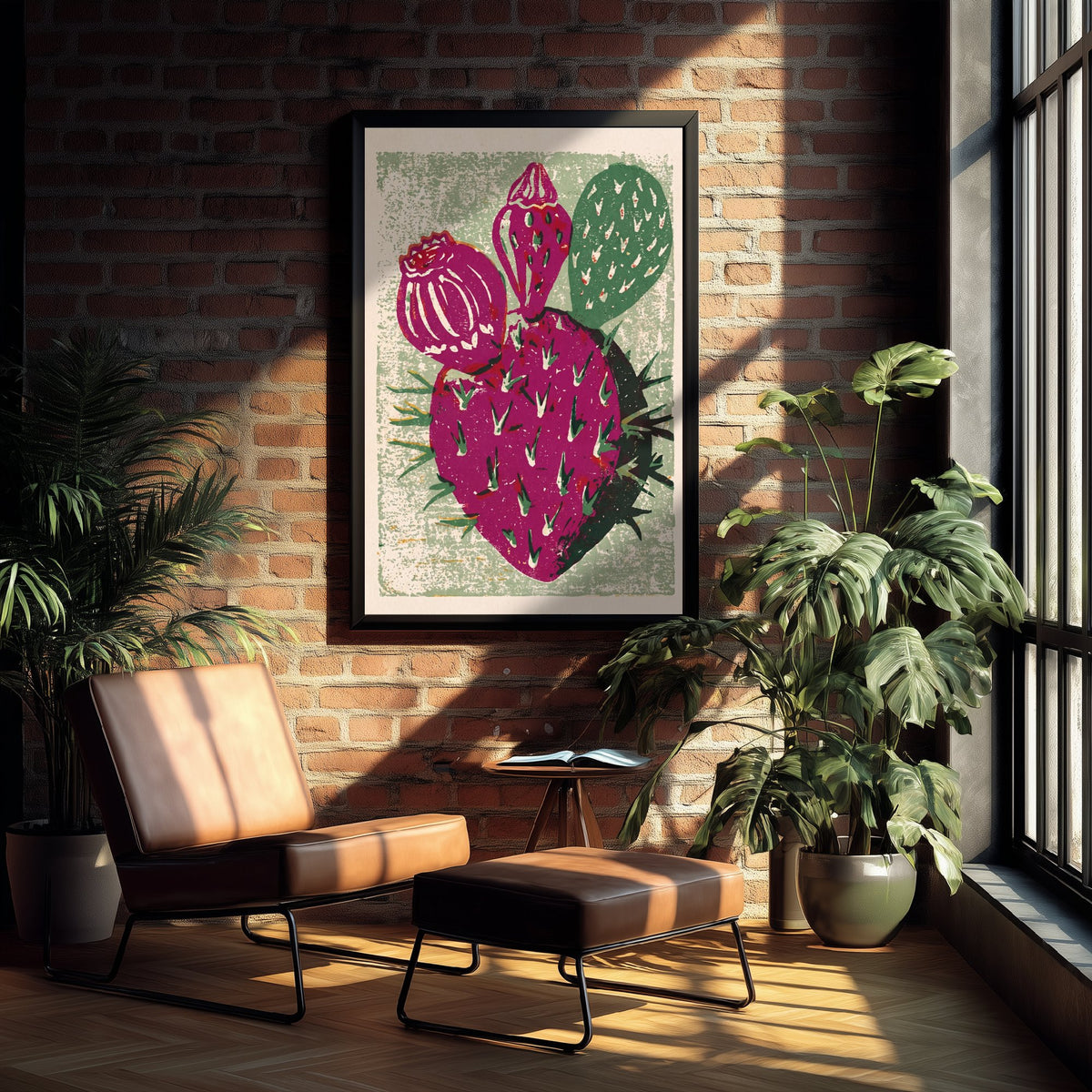 Prickly Pear Cactus Linocut Art Print - Magenta Cactus Fruit Woodcut Poster - Sage Green Desert Botanical V2 2/3