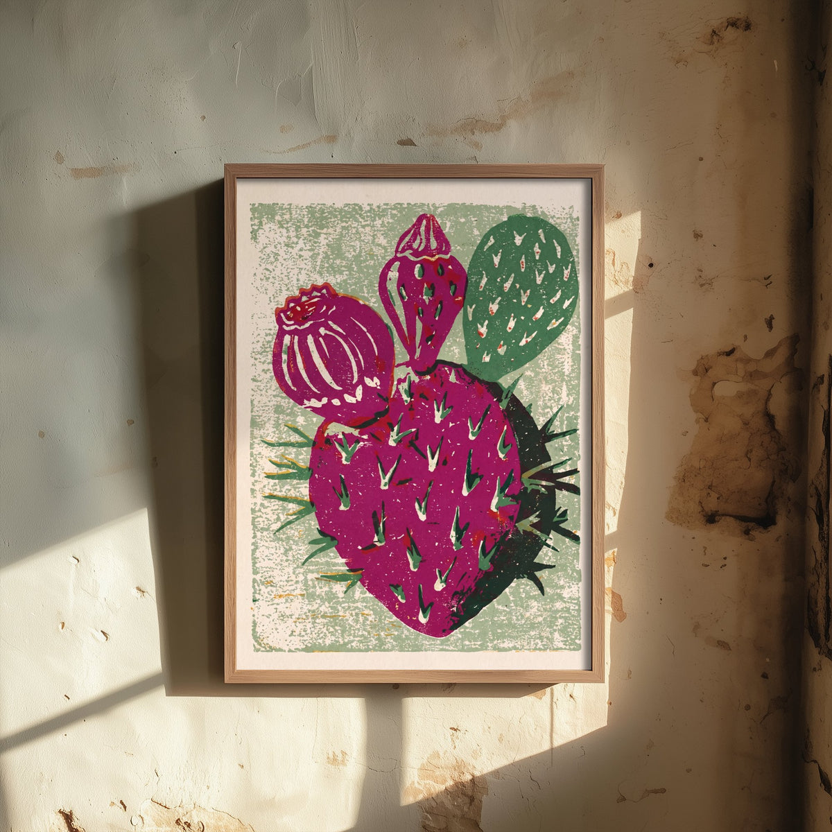Prickly Pear Cactus Linocut Art Print - Magenta Cactus Fruit Woodcut Poster - Sage Green Desert Botanical V2 2/3
