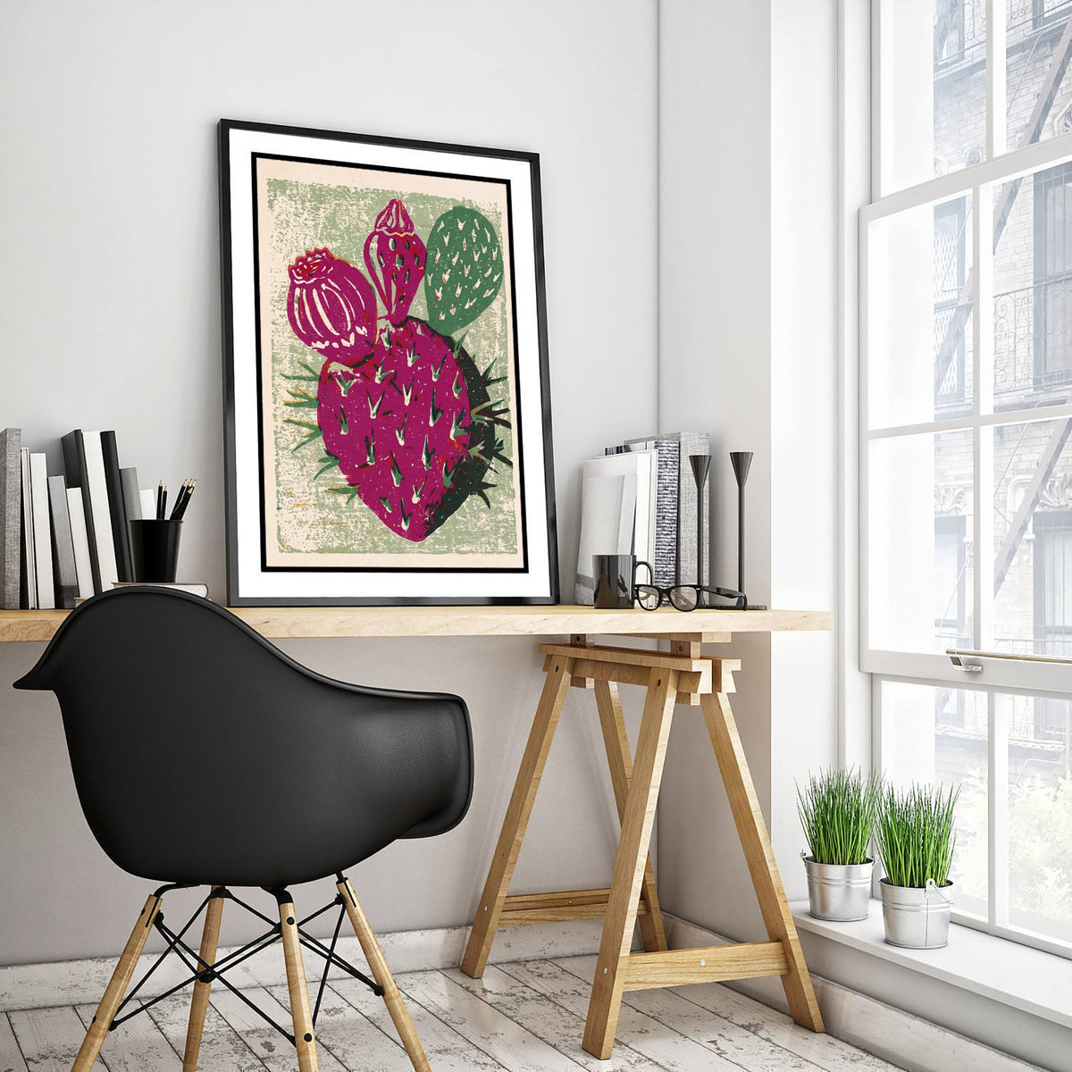 Prickly Pear Cactus Linocut Art Print - Magenta Cactus Fruit Woodcut Poster - Sage Green Desert Botanical V2 2/3