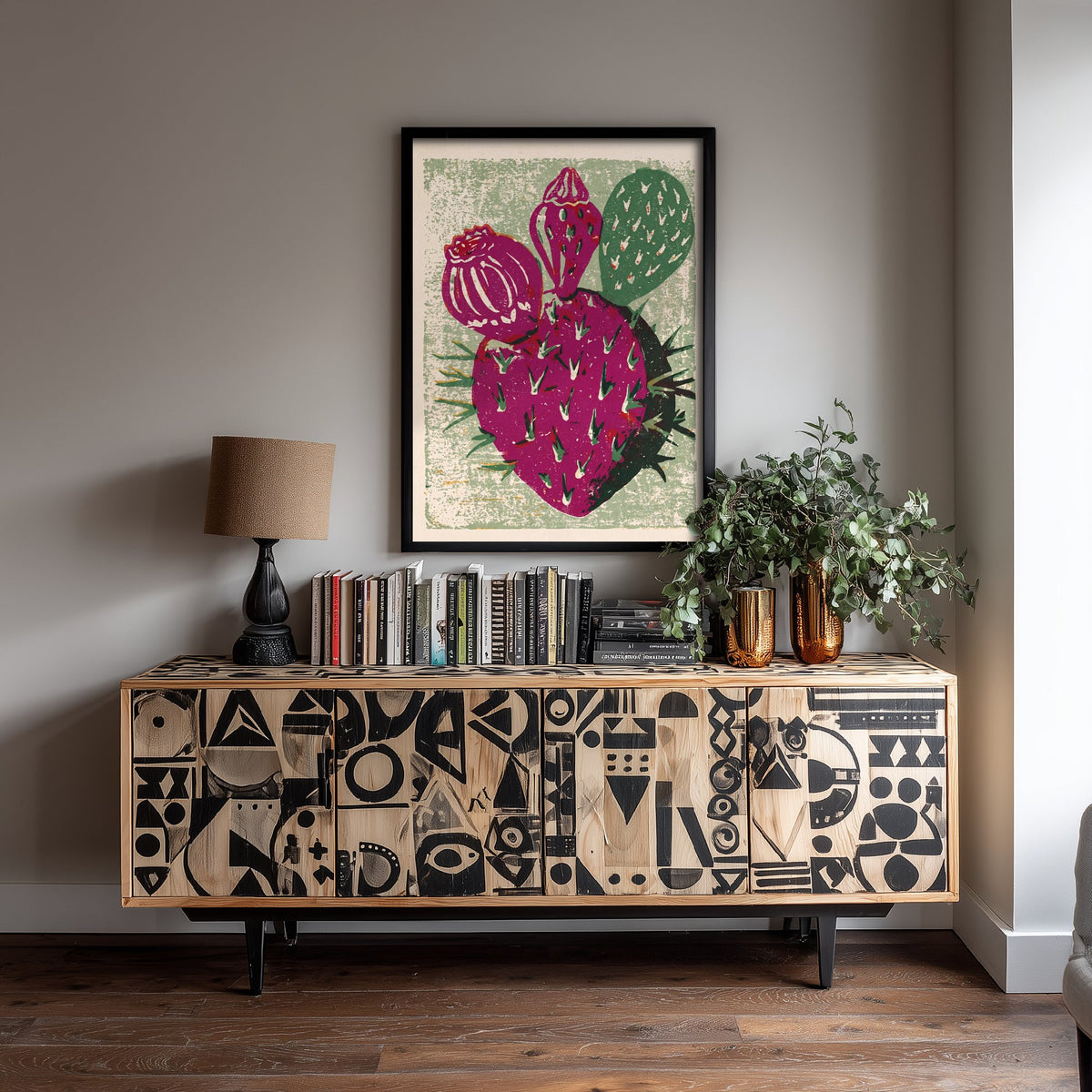 Prickly Pear Cactus Linocut Art Print - Magenta Cactus Fruit Woodcut Poster - Sage Green Desert Botanical V2 2/3