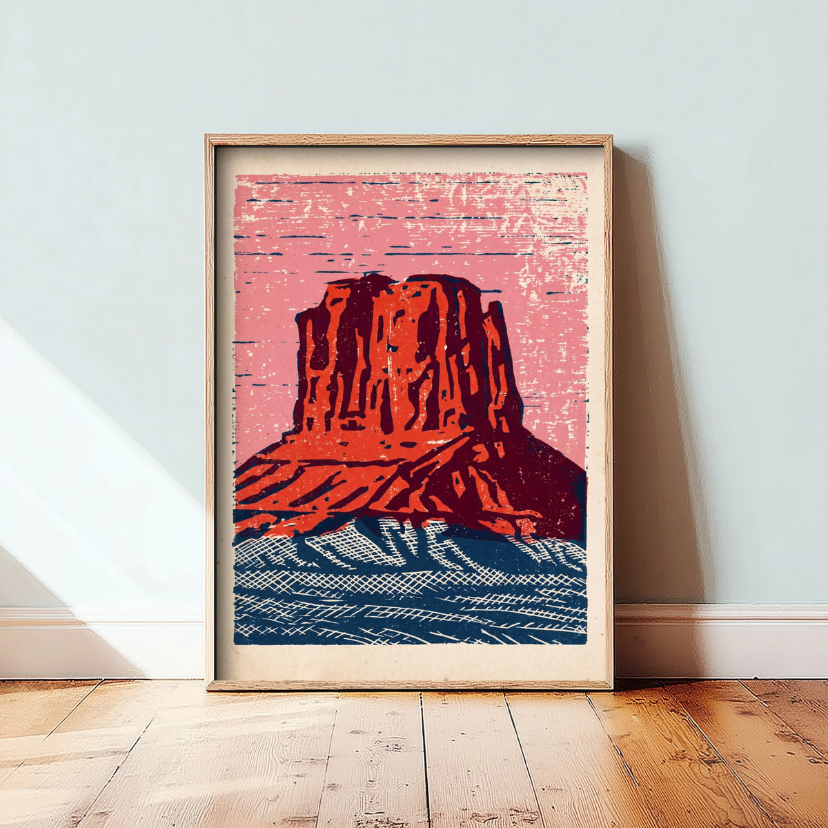 Red Butte Linocut Art Print - Desert Mesa Woodcut Poster - Pink Sky over Crosshatched Navy Sands V2 3/3