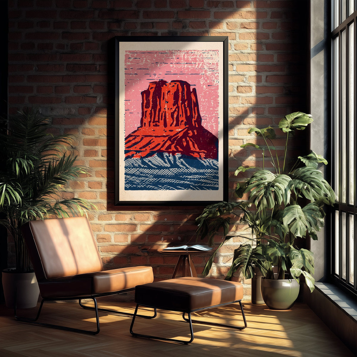 Red Butte Linocut Art Print - Desert Mesa Woodcut Poster - Pink Sky over Crosshatched Navy Sands V2 3/3