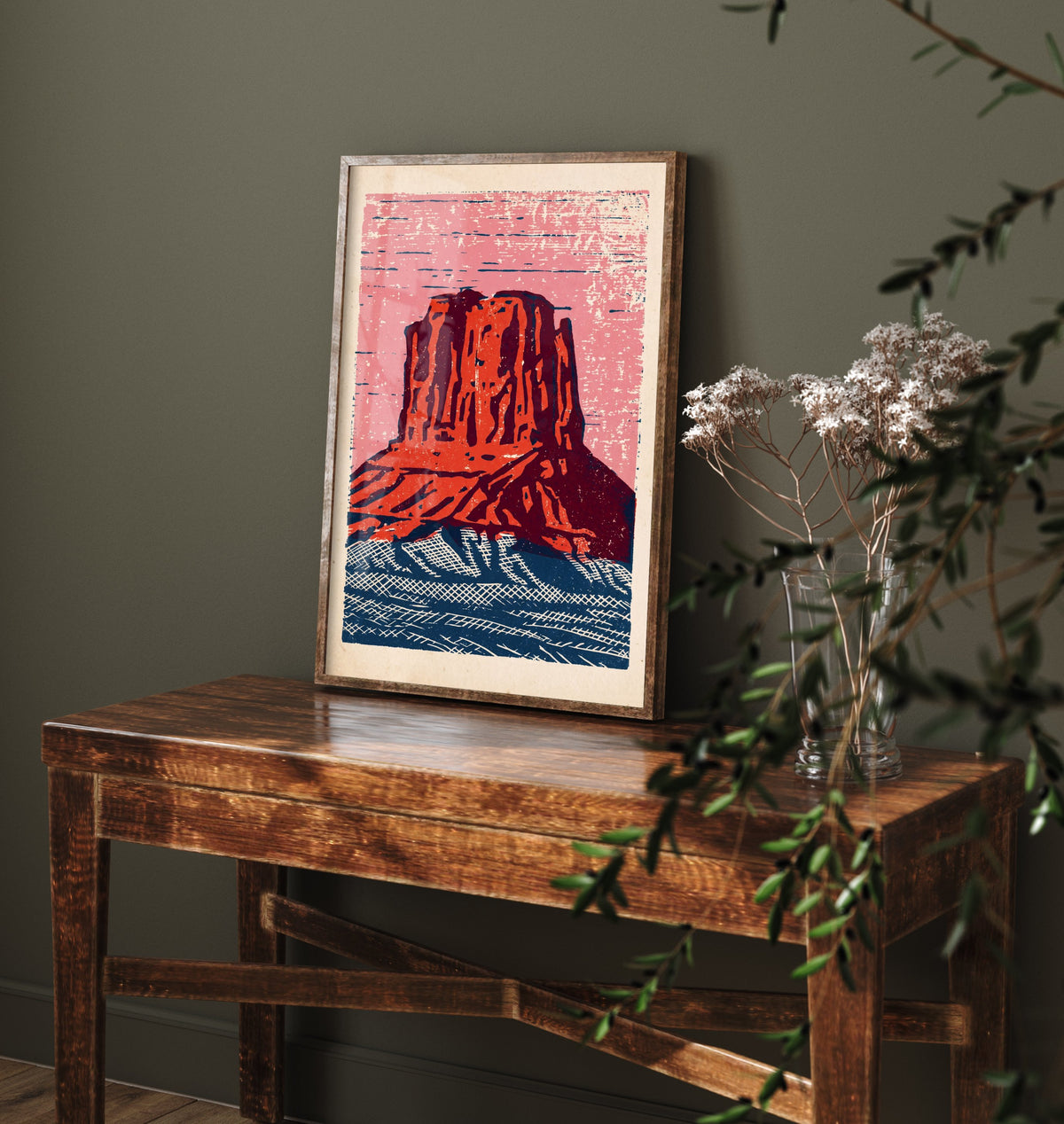 Red Butte Linocut Art Print - Desert Mesa Woodcut Poster - Pink Sky over Crosshatched Navy Sands V2 3/3