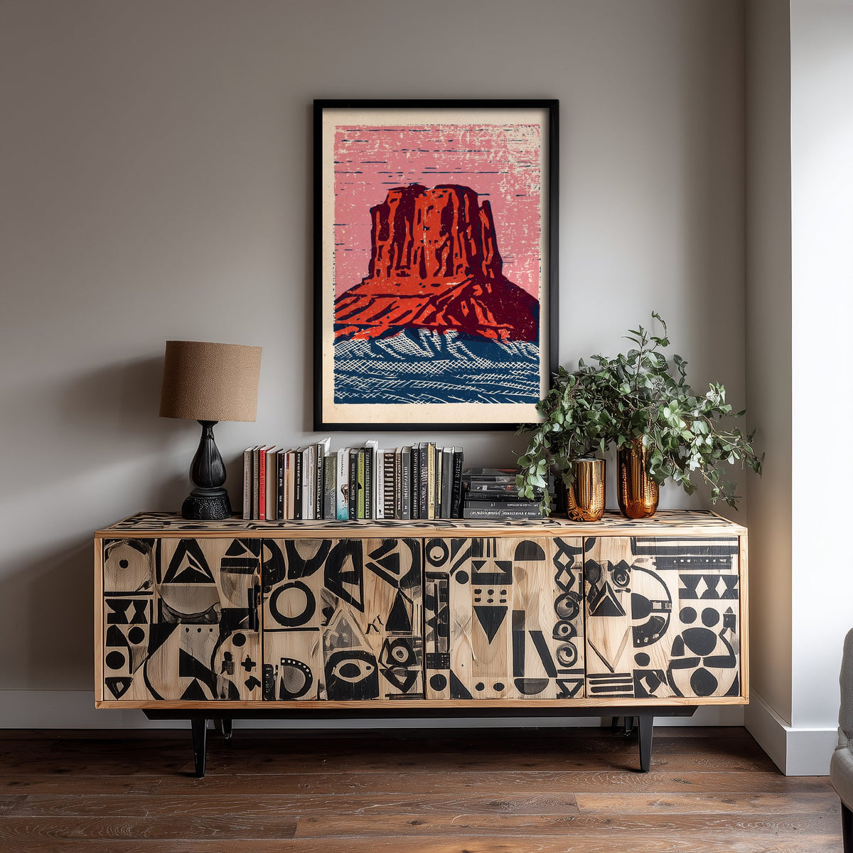 Red Butte Linocut Art Print - Desert Mesa Woodcut Poster - Pink Sky over Crosshatched Navy Sands V2 3/3