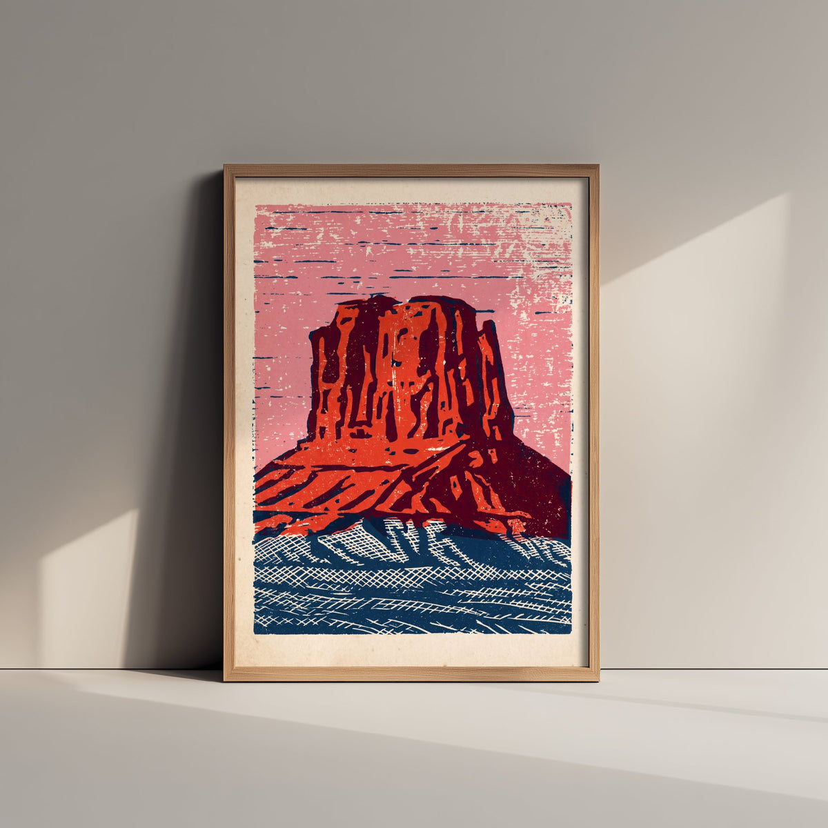 Red Butte Linocut Art Print - Desert Mesa Woodcut Poster - Pink Sky over Crosshatched Navy Sands V2 3/3