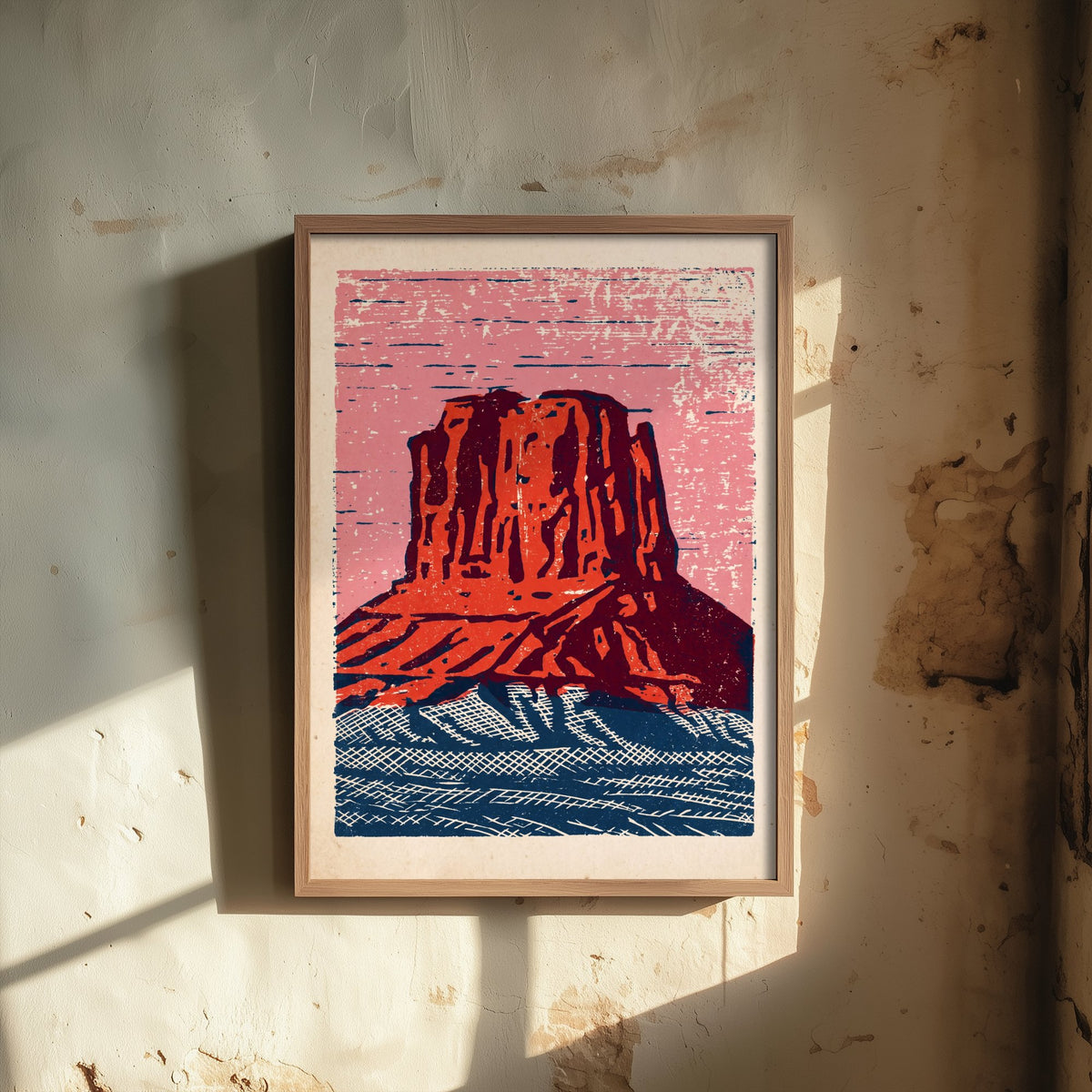 Red Butte Linocut Art Print - Desert Mesa Woodcut Poster - Pink Sky over Crosshatched Navy Sands V2 3/3