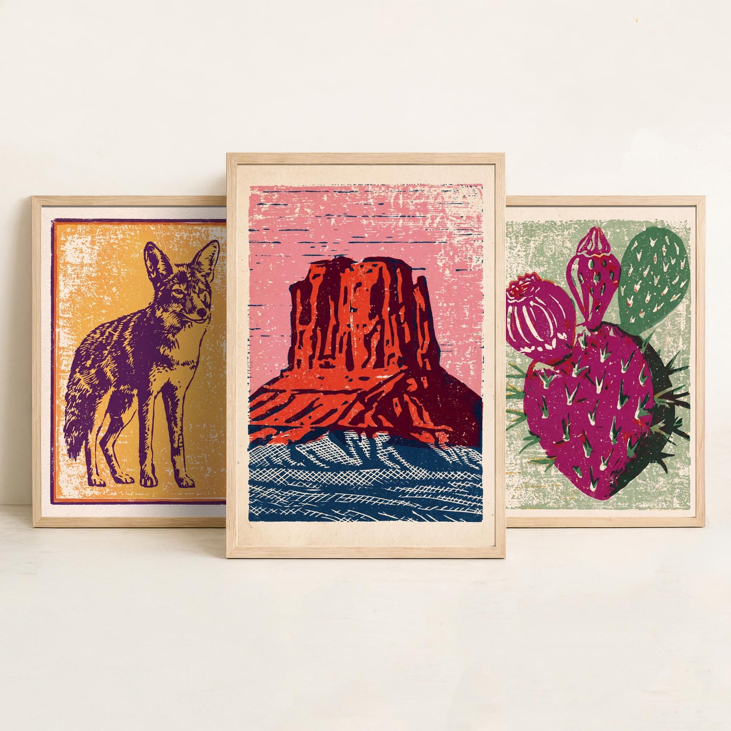 Desert Southwest Set of Three Art Prints - Coyote, Prickly Pear, Red Mesa Butte - Boho Linocut Posters - Western Illustration V2