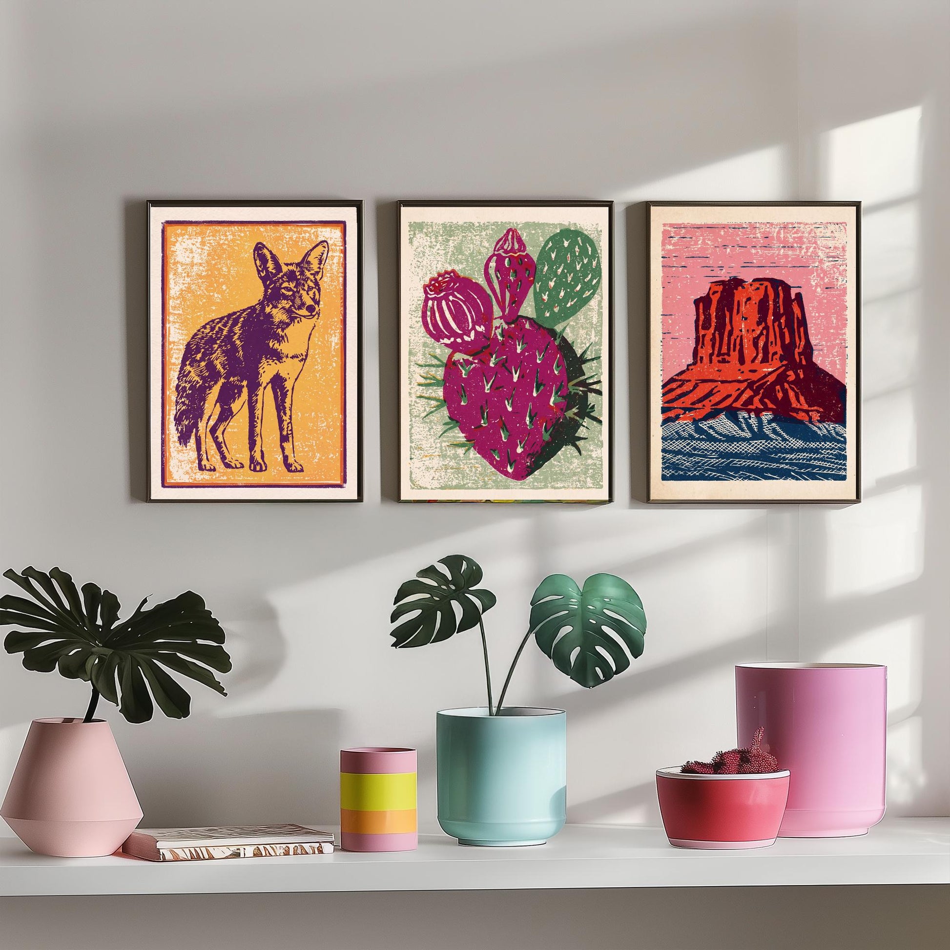 Desert Southwest Set of Three Art Prints - Coyote, Prickly Pear, Red Mesa Butte - Boho Linocut Posters - Western Illustration V2