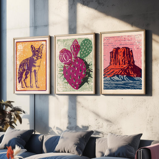 Desert Southwest Set of Three Art Prints - Coyote, Prickly Pear, Red Mesa Butte - Boho Linocut Posters - Western Illustration V2