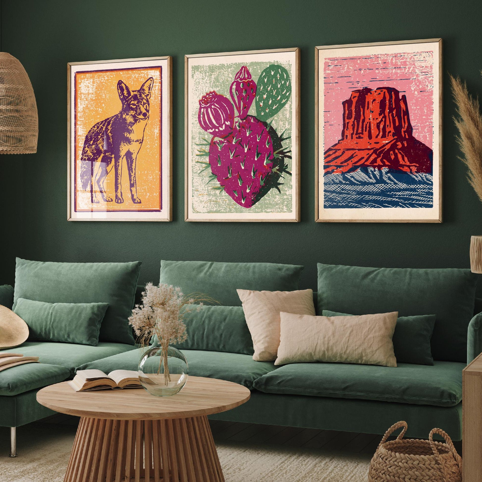 Desert Southwest Set of Three Art Prints - Coyote, Prickly Pear, Red Mesa Butte - Boho Linocut Posters - Western Illustration V2