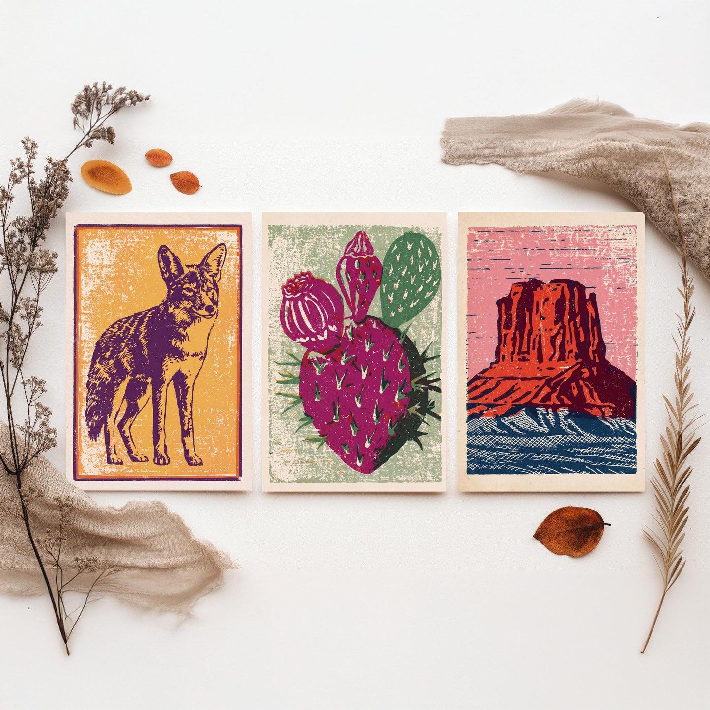 Desert Southwest Set of Three Art Prints - Coyote, Prickly Pear, Red Mesa Butte - Boho Linocut Posters - Western Illustration V2