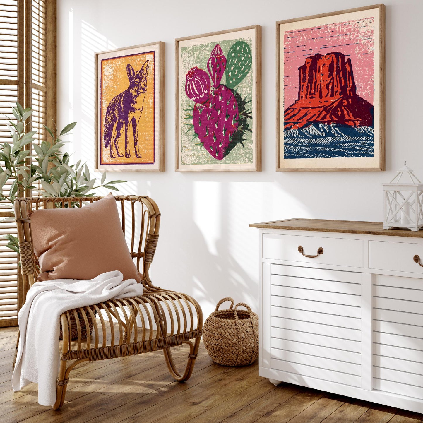 Desert Southwest Set of Three Art Prints - Coyote, Prickly Pear, Red Mesa Butte - Boho Linocut Posters - Western Illustration V2