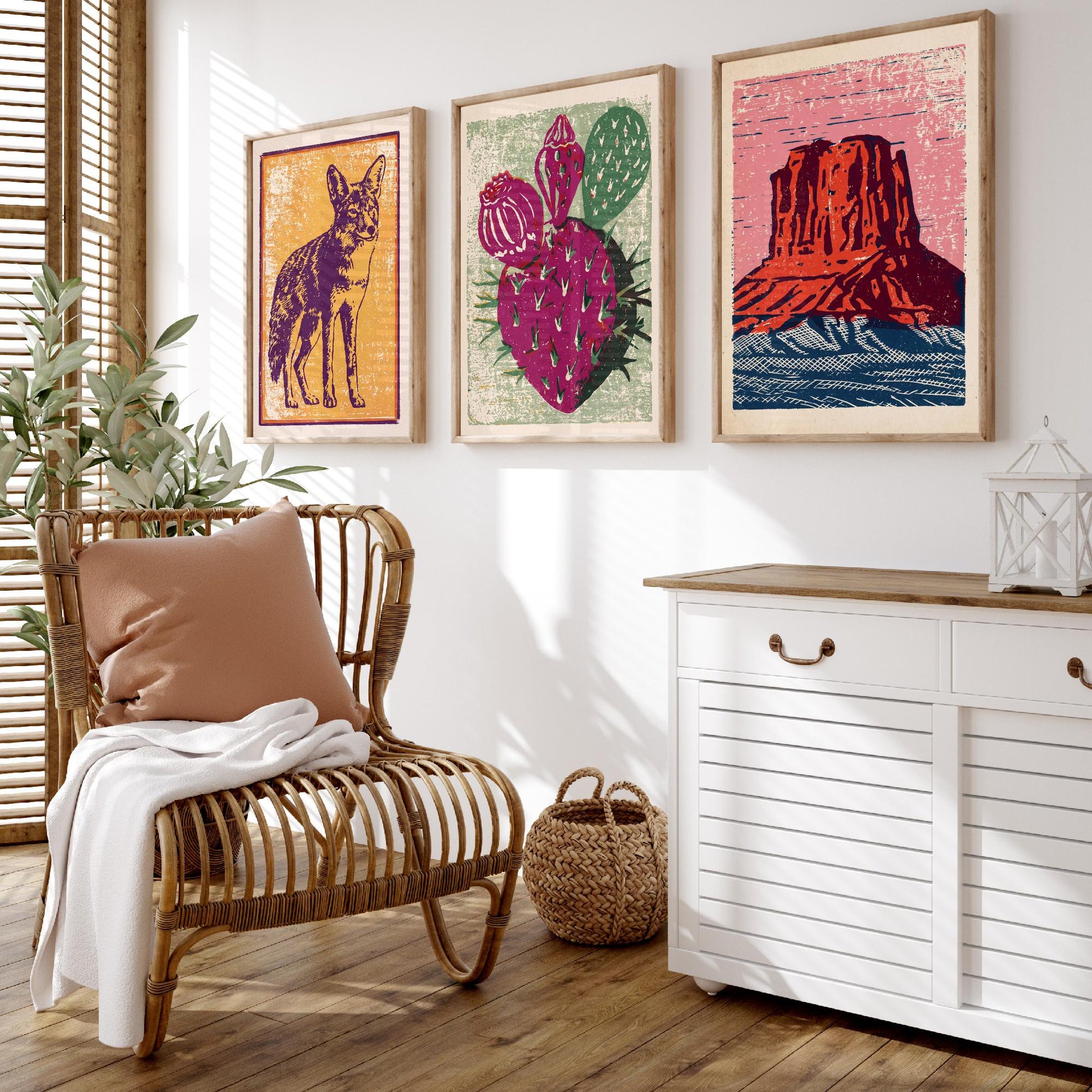 Desert Southwest Set of Three Art Prints - Coyote, Prickly Pear, Red Mesa Butte - Boho Linocut Posters - Western Illustration V2