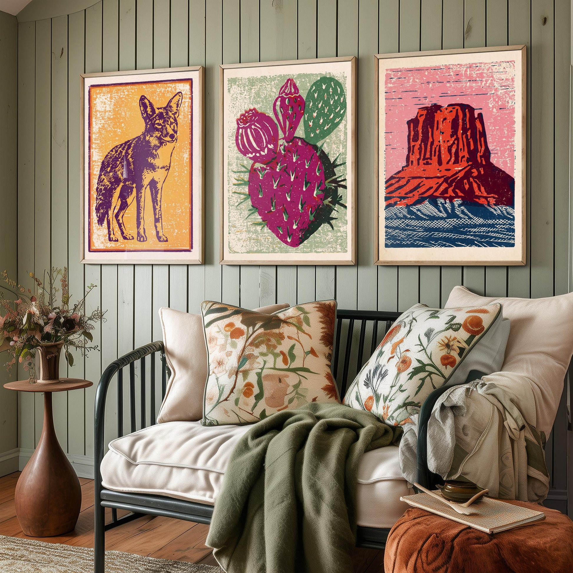 Desert Southwest Set of Three Art Prints - Coyote, Prickly Pear, Red Mesa Butte - Boho Linocut Posters - Western Illustration V2