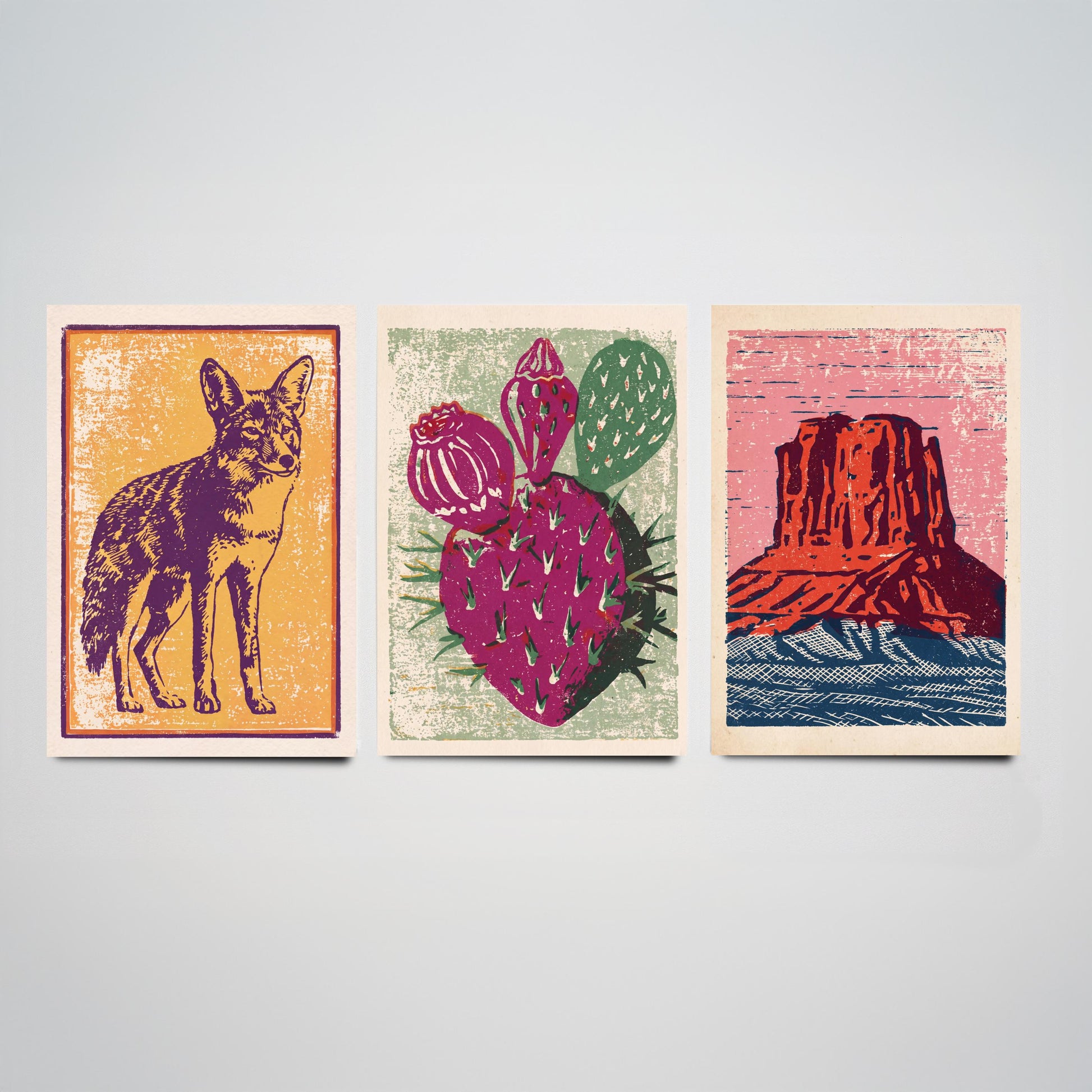 Desert Southwest Set of Three Art Prints - Coyote, Prickly Pear, Red Mesa Butte - Boho Linocut Posters - Western Illustration V2